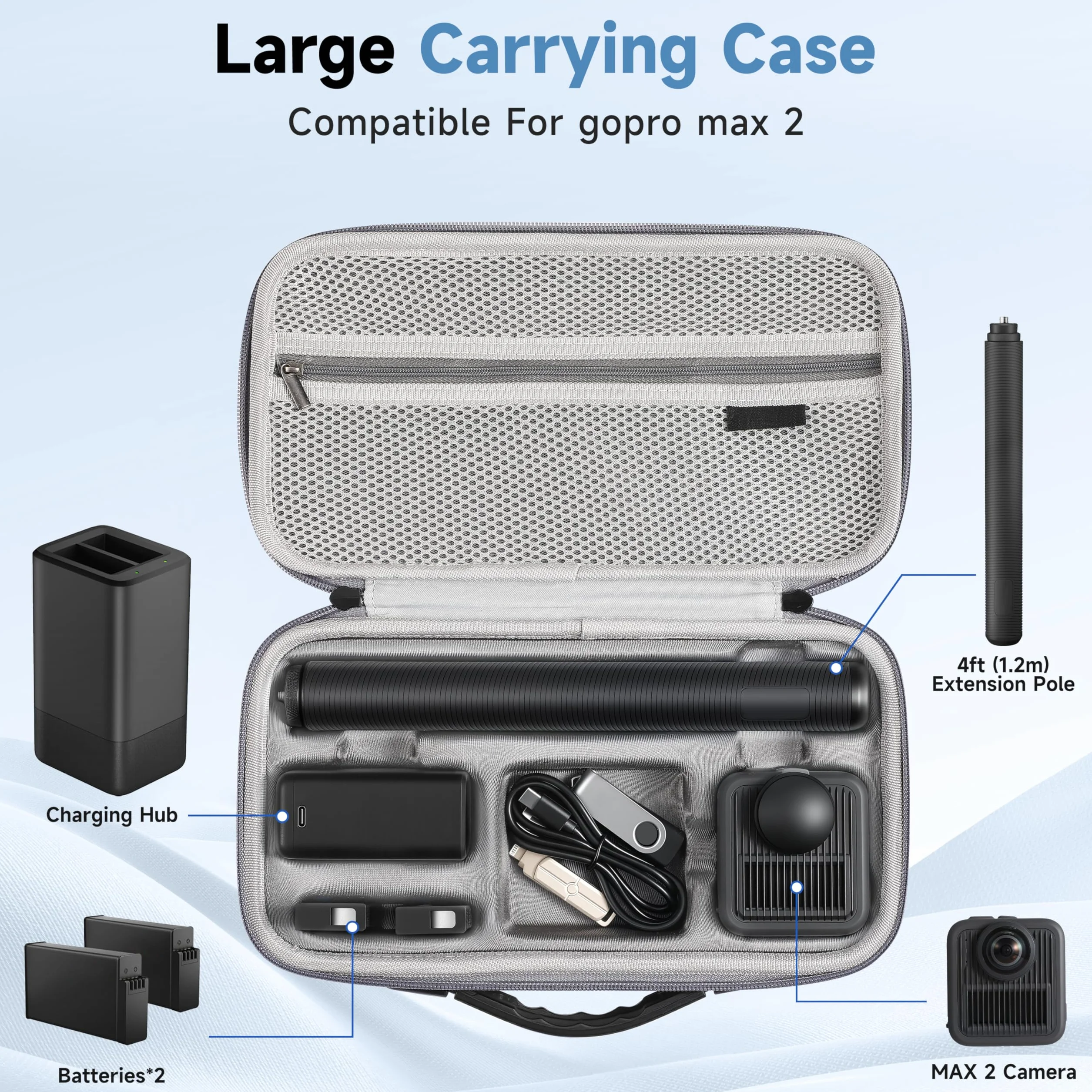 Max 2 etui do przechowywania akcesoriów podróżnych Gopro Max 2 | Nylon kompatybilny z Go pro Max 2 Storage Dual Battery Charger/4ft (1,2 m) drążek przedłużający z torbą siatkową