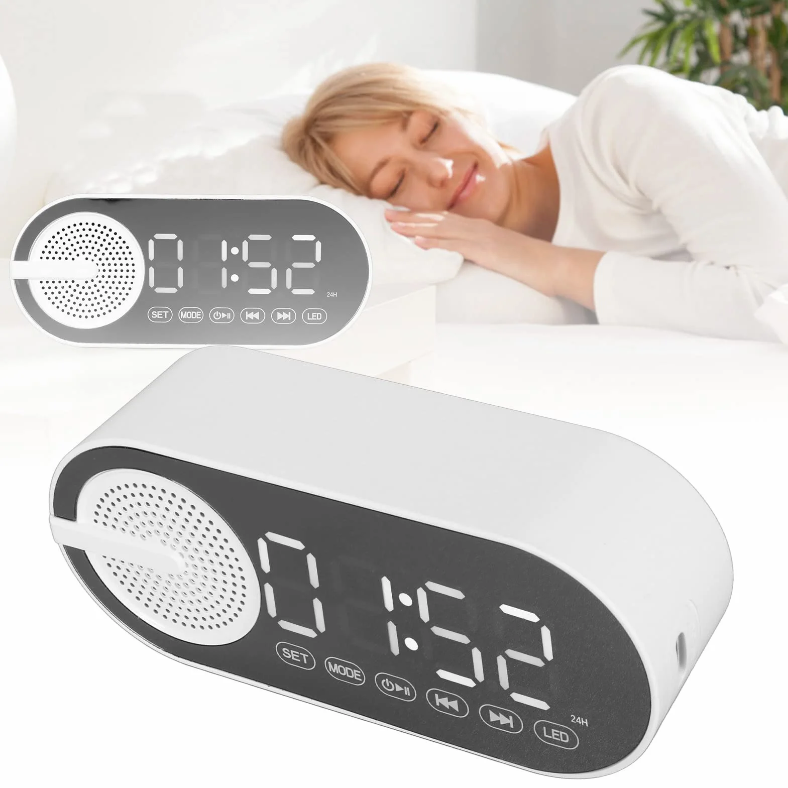 Głośnik z Budzikiem Bluetooth, Cyfrowe Radio z Budzikiem z Pełnym Basem FM, Przenośny Głośnik Bluetooth z Lustrzanym Wyświetlaczem LED do Sypialni, Biura i Pokoju w Akademiku