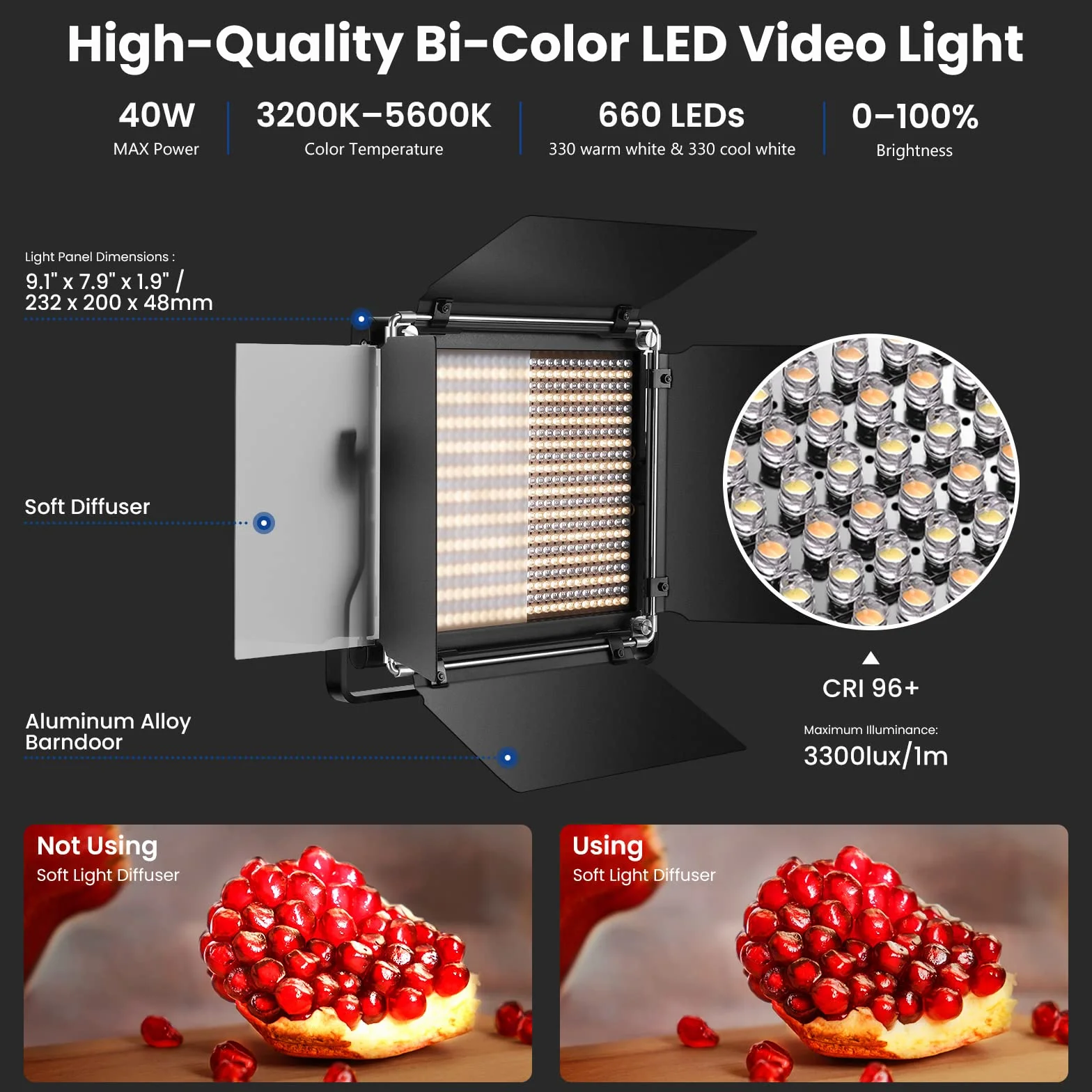 Neewer dwukolorowe lampy video 660 LED, 3200 K-5600 K, CRI 96+, przyciemniane światło, z uchwytem U-bracket i skrzydełkami kadrującymi, 78,7”, światło do studia fotograficznego, 2 sztuki