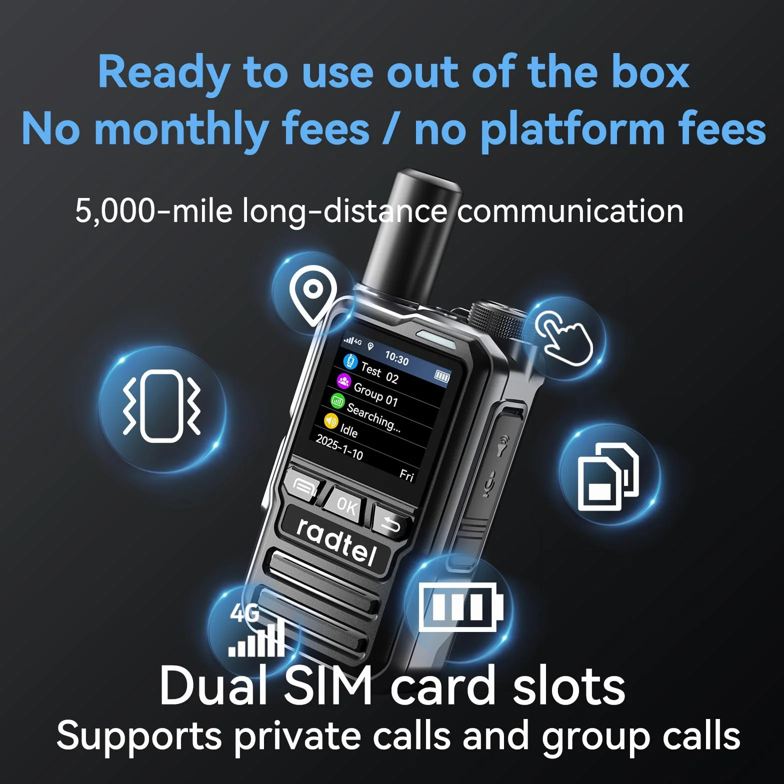 Radiotelefon Radtel P8 PoC (Push-to-Talk Over Cellular), przenośny krótkofalówka o nieograniczonym zasięgu, ogólnokrajowy, akumulatorowy radiotelefon GXIN (zestaw 4 sztuk z 4 kartami SIM)