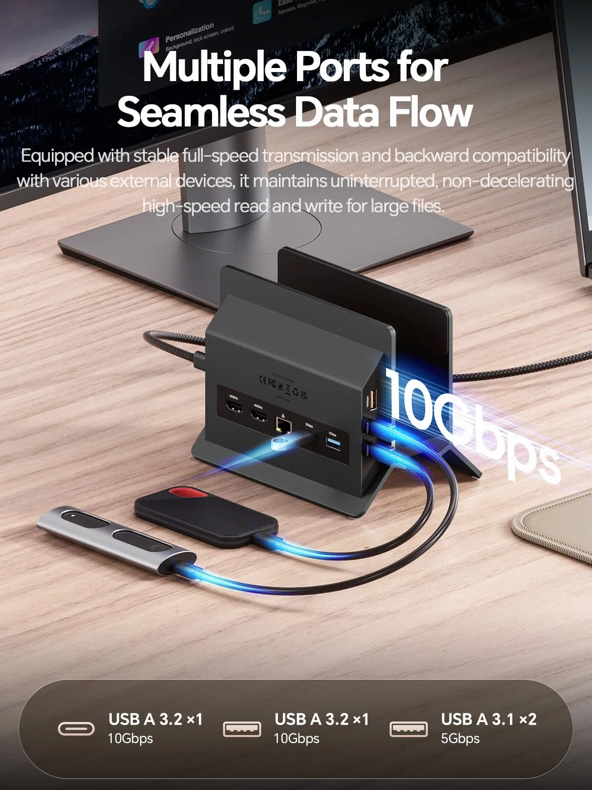 Stacja dokująca USB C, podwójny monitor 4K 60 Hz, pionowa stacja dokująca do laptopa 11 w 1 ze stojakiem, ładowanie PD 100 W, USB-C i USB-A, Gigabit Ethernet do laptopów z systemem Windows/Dell/Lenovo