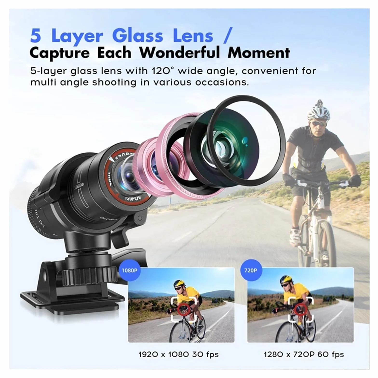 Sportowa Kamera Rowerowa Wodoodporna Kamera DV Action Video Na Deskę Rozdzielczą Motocykl Motor Motion Kask Kamera Rejestrator Jazdy Samochodem Przejrzystość Precyzja(Cam add 64gb card)