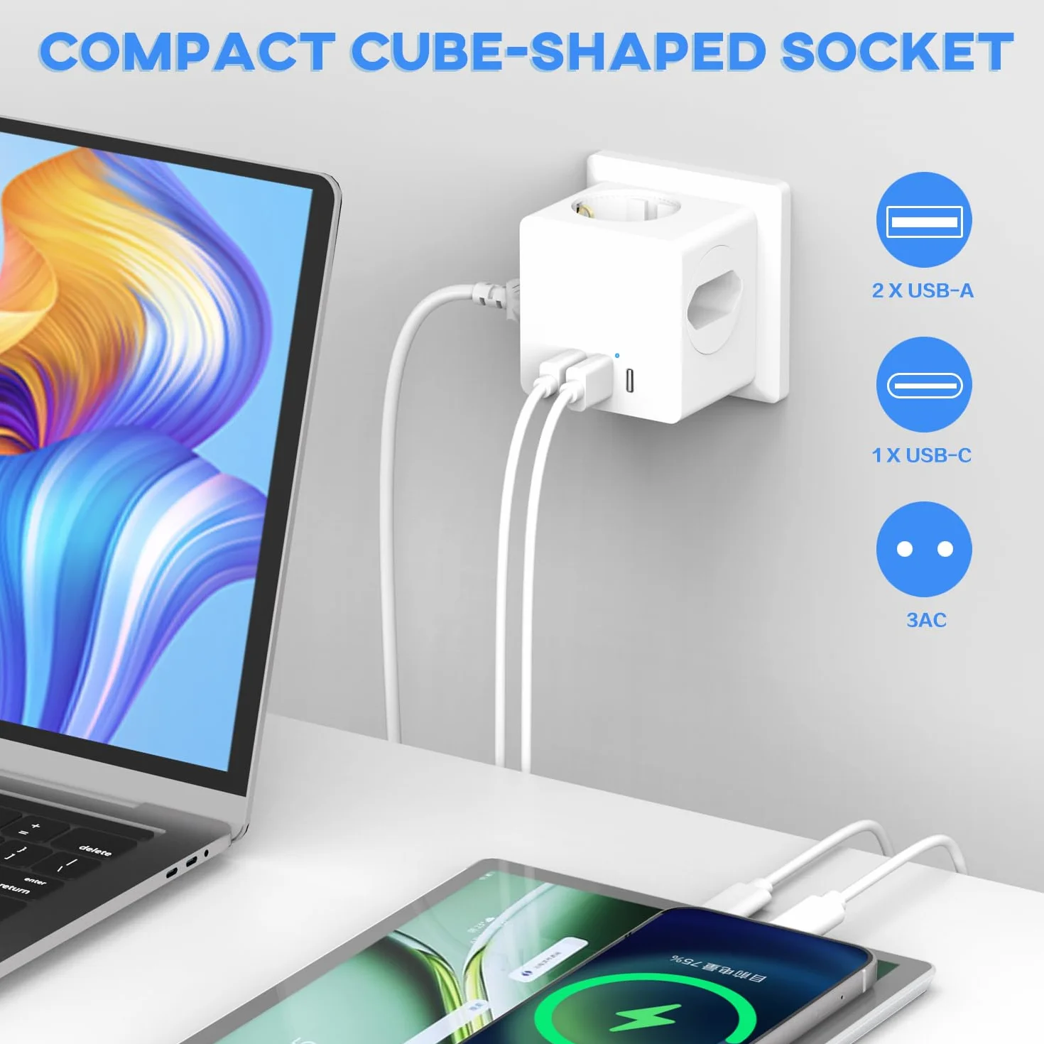 Kostka do gniazdka, podwójna wtyczka do gniazdka, adapter z 2 USB A i 1 USB C 6 w 1, gniazdo wielokrotne USB 3680 W, kolor biały