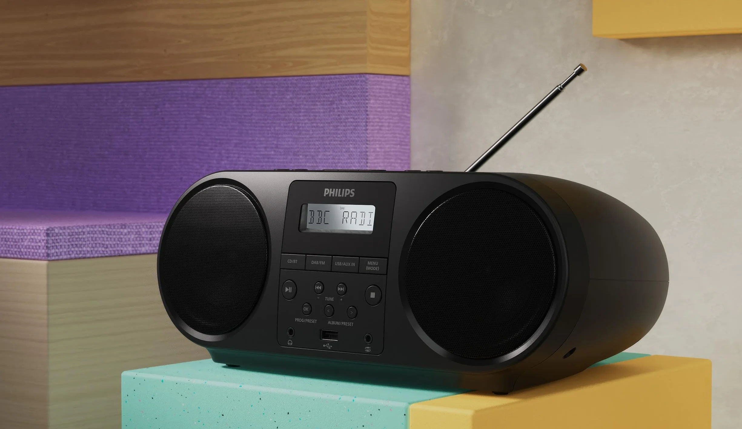 Philips Uniwersalny odtwarzacz CD TAZ6000 z radiem DAB+/FM, Bluetooth 5.4, portami USB, dynamicznymi basami, gniazdem sluchawkowym 3,5 mm, zasilany z baterii/sieci, wykonany z materialów z recyklingu