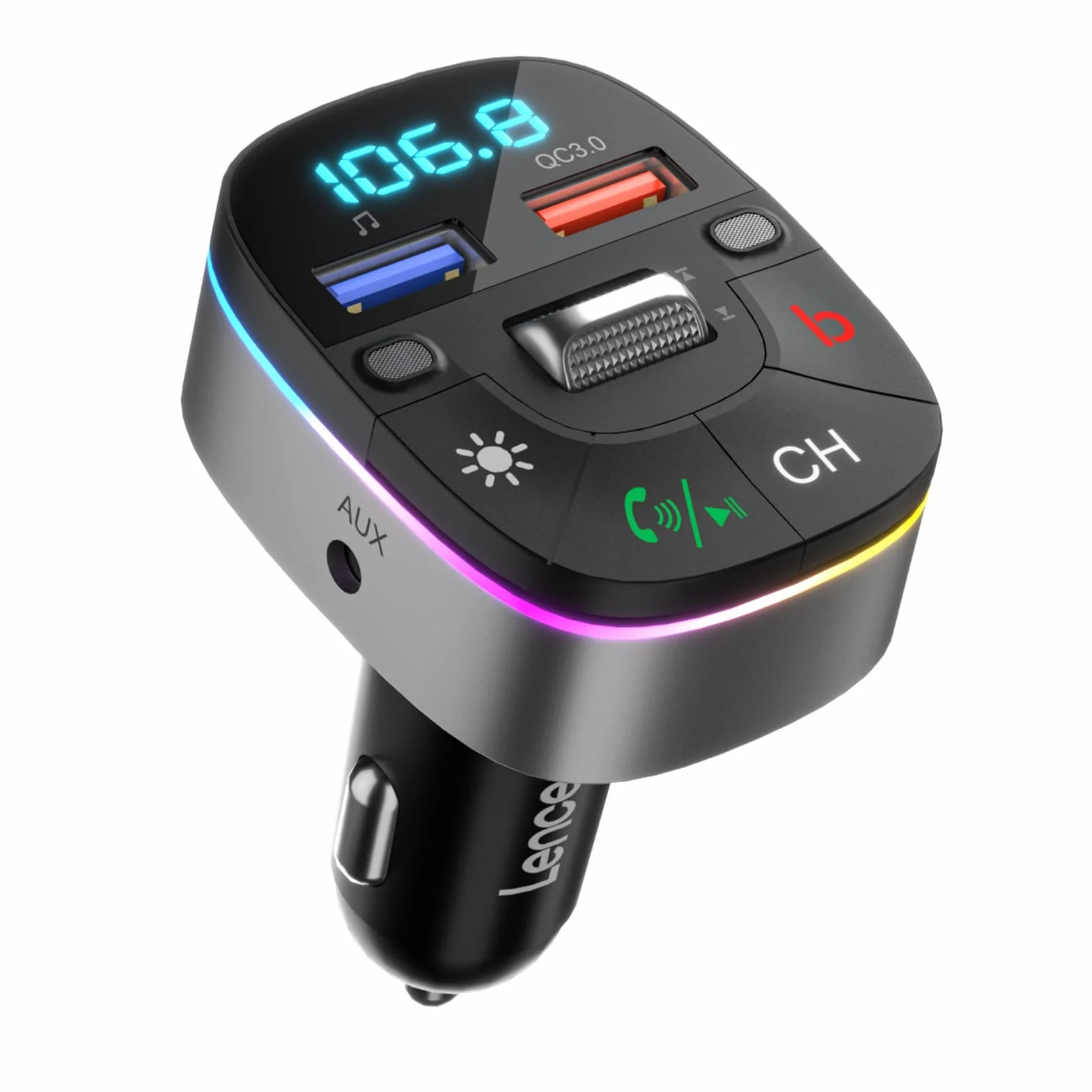 LENCENT 5.0 Samochodu Nadajnik FM Bluetooth, Bezprzewodowy Adapter Radiowy z QC3.0 ładowarka Fast USB, Adapter Radiowy Bluetooth AUX, Zestaw Głośnomówiący, MP3, Obsługuje dysk U, Kolorowe światło