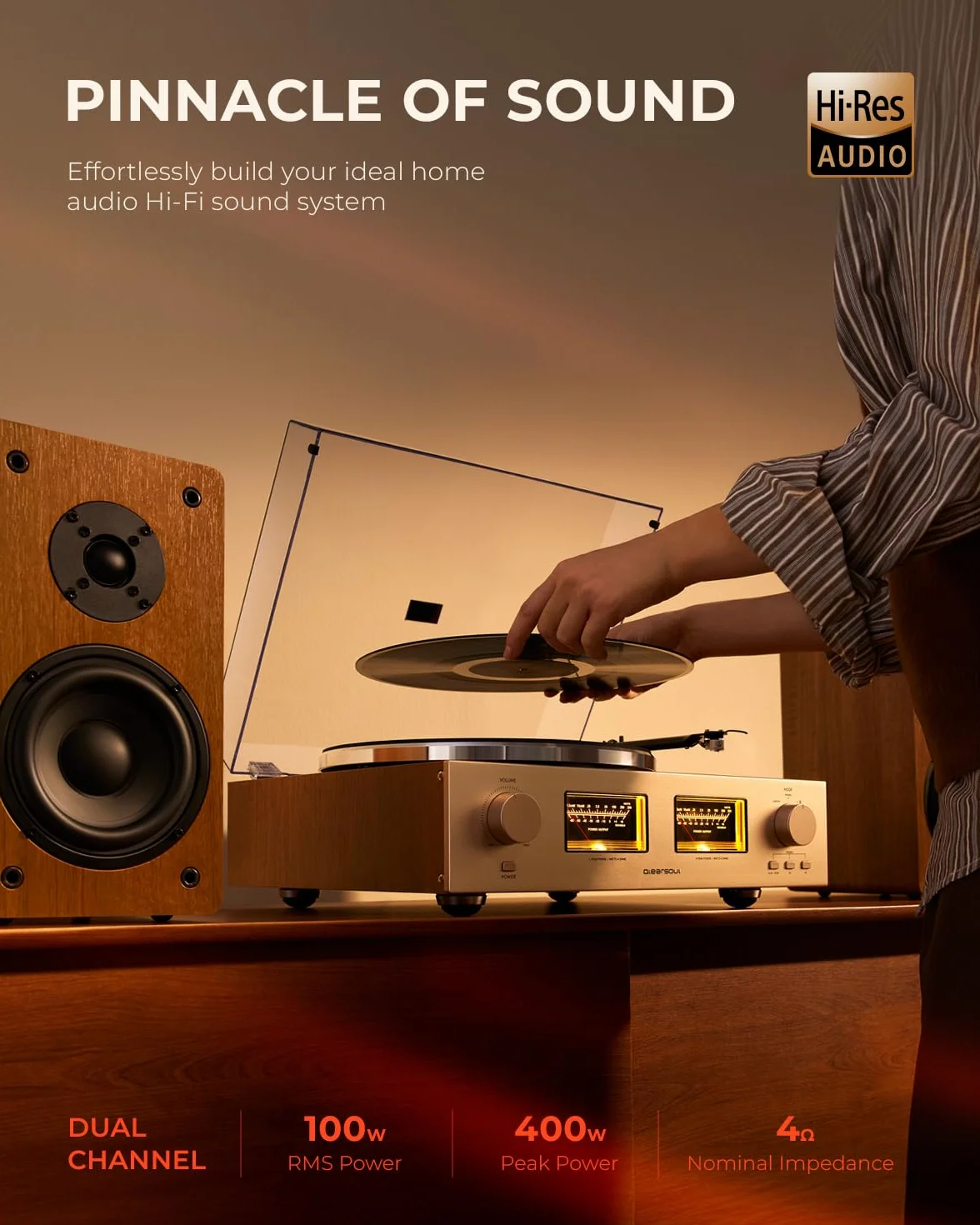 QLEARSOUL HiFire X Gramofon z płytą winylową, system gramofonu HiFi audiofilski z głośnikami regałowymi 100W, wskaźnik VU, pre-amp DSP, kompatybilny z 33/45 RPM, RCA Line IN | out
