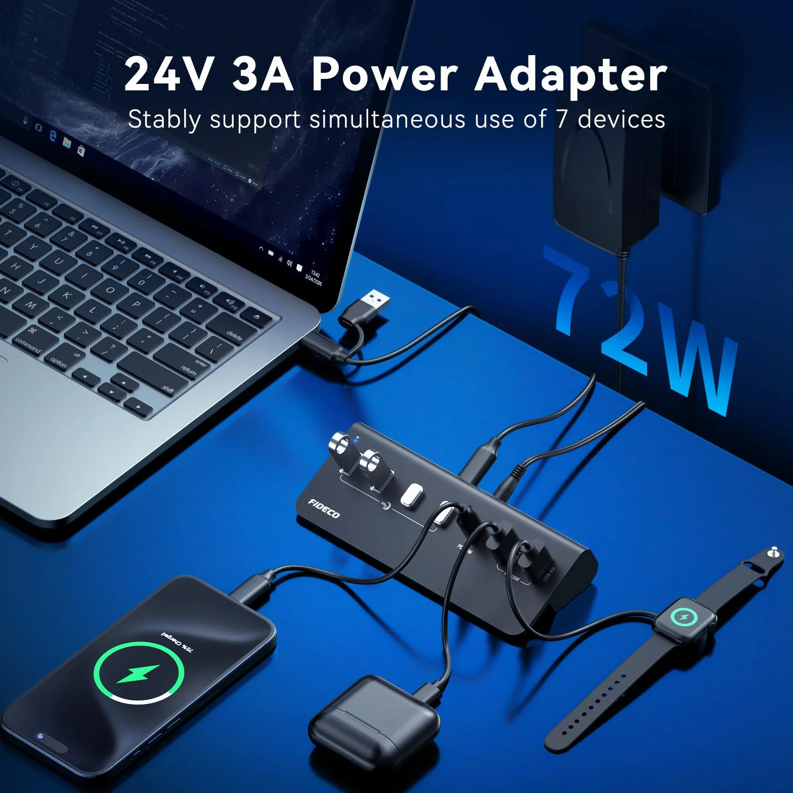 FIDECO 7-portowy hub USB 72 W, hub USB C z 1 PD 45 W, 2 portami ładowania QC 3.0 i 4 portami USB 3.2 (2 USB A + 2 USB C), aluminiowy hub USB 10 Gb/s do laptopa, komputera, MacBooka, iPhone'a 17/16/15