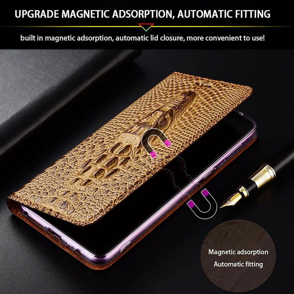Etui portfelowe do iPhone 17 Pro Max/17 Pro/17 Air/17, etui z prawdziwej skóry, etui z klapką 3D z głową krokodyla z przegródkami na karty, brązowe, 17 ProMax