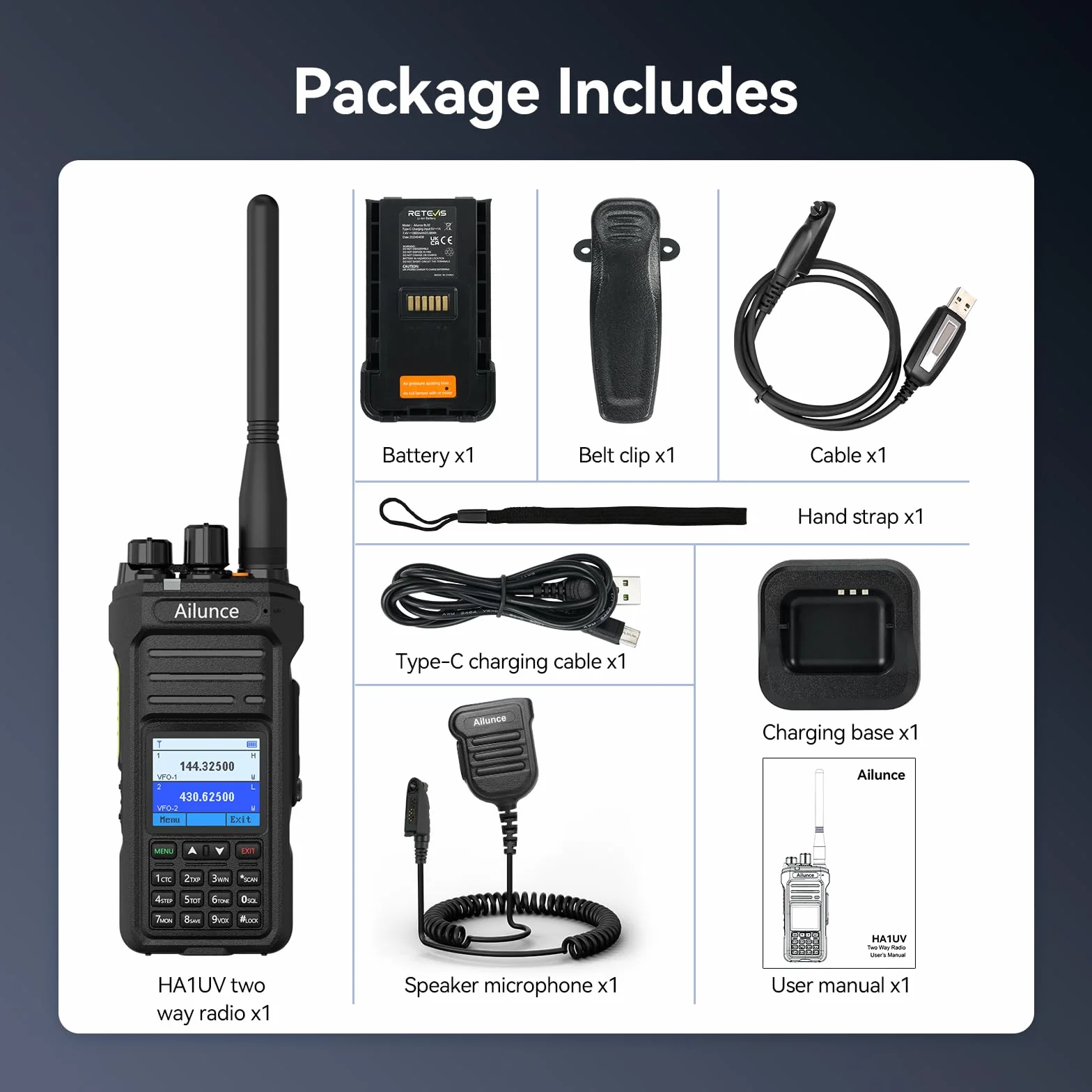 Retevis Ailunce HA1UV Radiotelefon Amatorski z Mikrofonem, Dwupasmowy, Wodoodporny IP67, Akumulator 2800 mAh, Przenośny Nadajnik-Odbiornik Dalekiego Zasięgu do Ratownictwa, Imprezy Amatorskie (1 szt.)