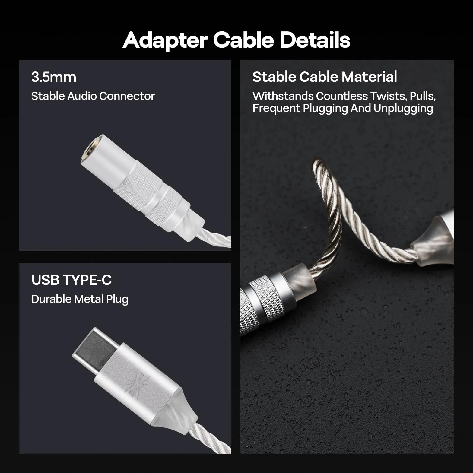Kiwi Ears AD1 Kabel adapterowy DAC USB-C do 3,5 mm, 32 bity/384 kHz, Srebro
