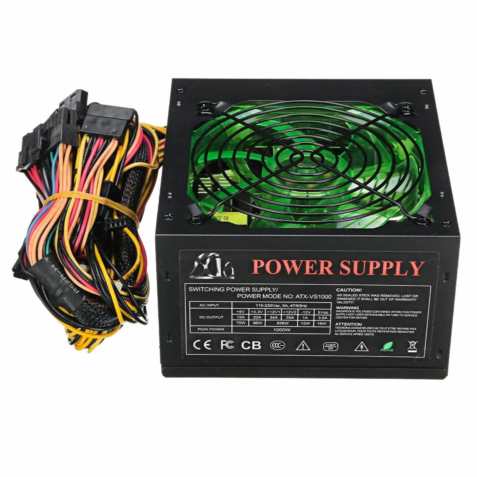 PURYN Zasilacz 1000 W 120 mm wentylator LED 24-pinowy PCI SATA ATX 12 V zasilacz komputerowy do obudowy komputera PC