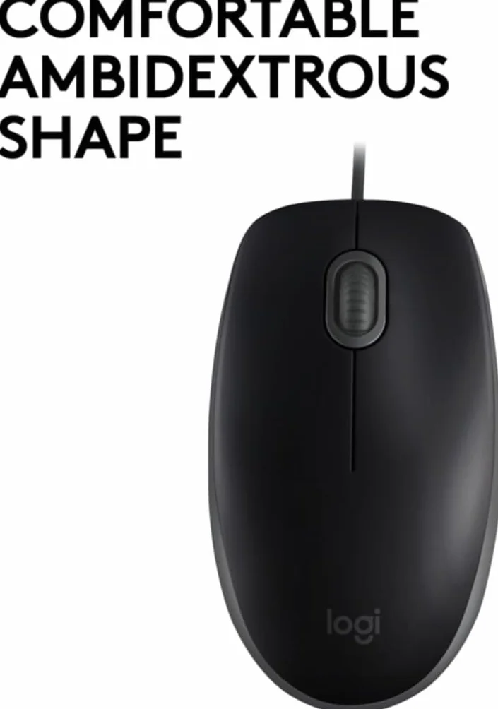 Logitech B110 Przewodowa mysz USB, ciche przyciski, wygodna konstrukcja dla użytkowników pełnowymiarowych, oburęczna, PC/Mac/Laptop - Szary