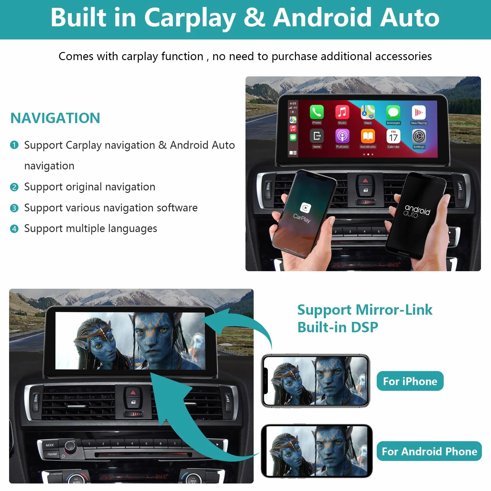 Radio samochodowe 10,25 cala, CarPlay/Android Auto/Mirrorlink/GPS dla BMW NBT 1/2 Series F20/F21 (2011-2016) F23 Cabrio (2013-2016) Ekran dotykowy, nawigacja GPS do samochodu, wbudowany DSP