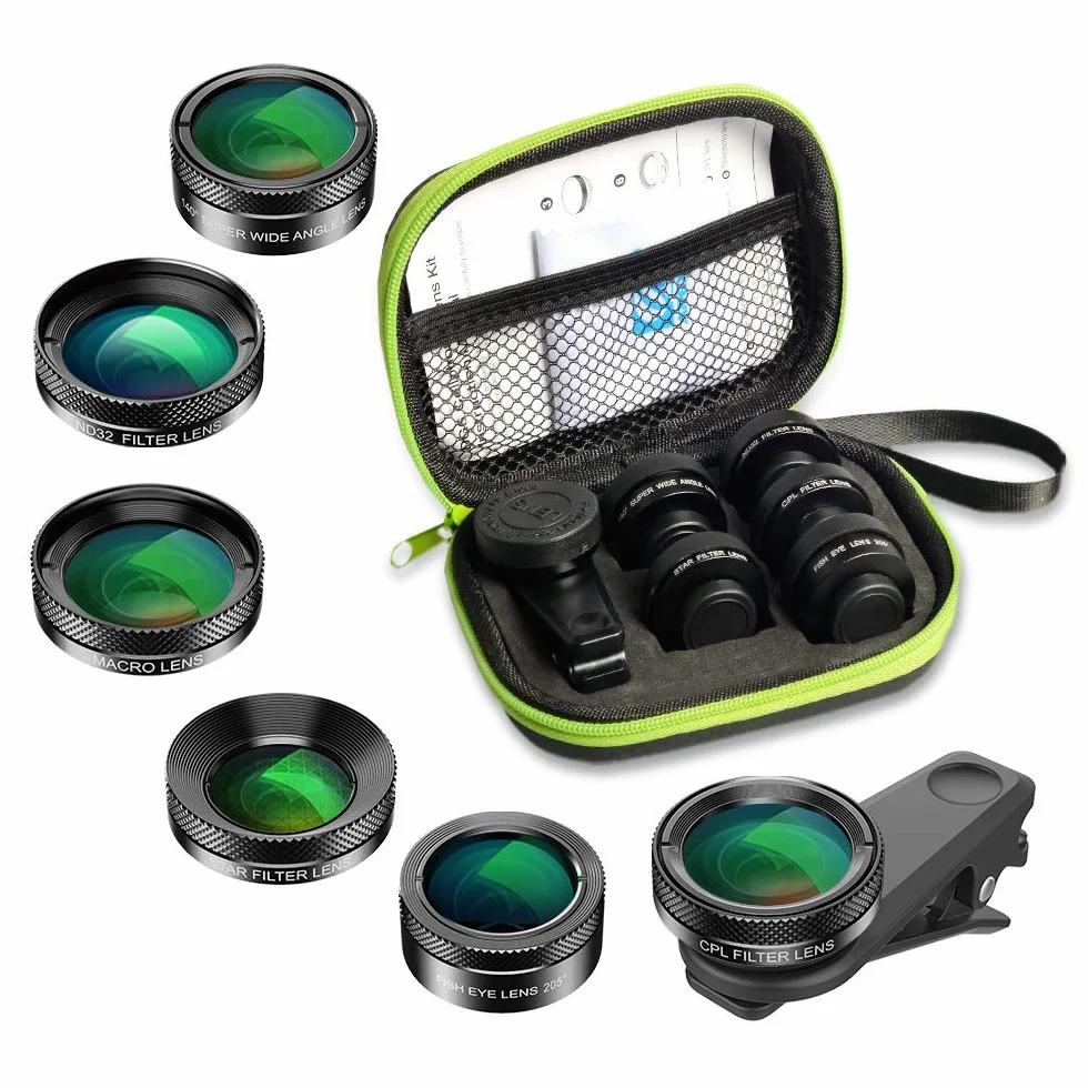 APEXEL Zestaw obiektywów do telefonu 6 w 1, super obiektyw typu rybie oko 205° + obiektyw szerokokątny 140° HD i 25x obiektyw makro + filtr 6-gwiazdkowy + filtr CPL+ND 32