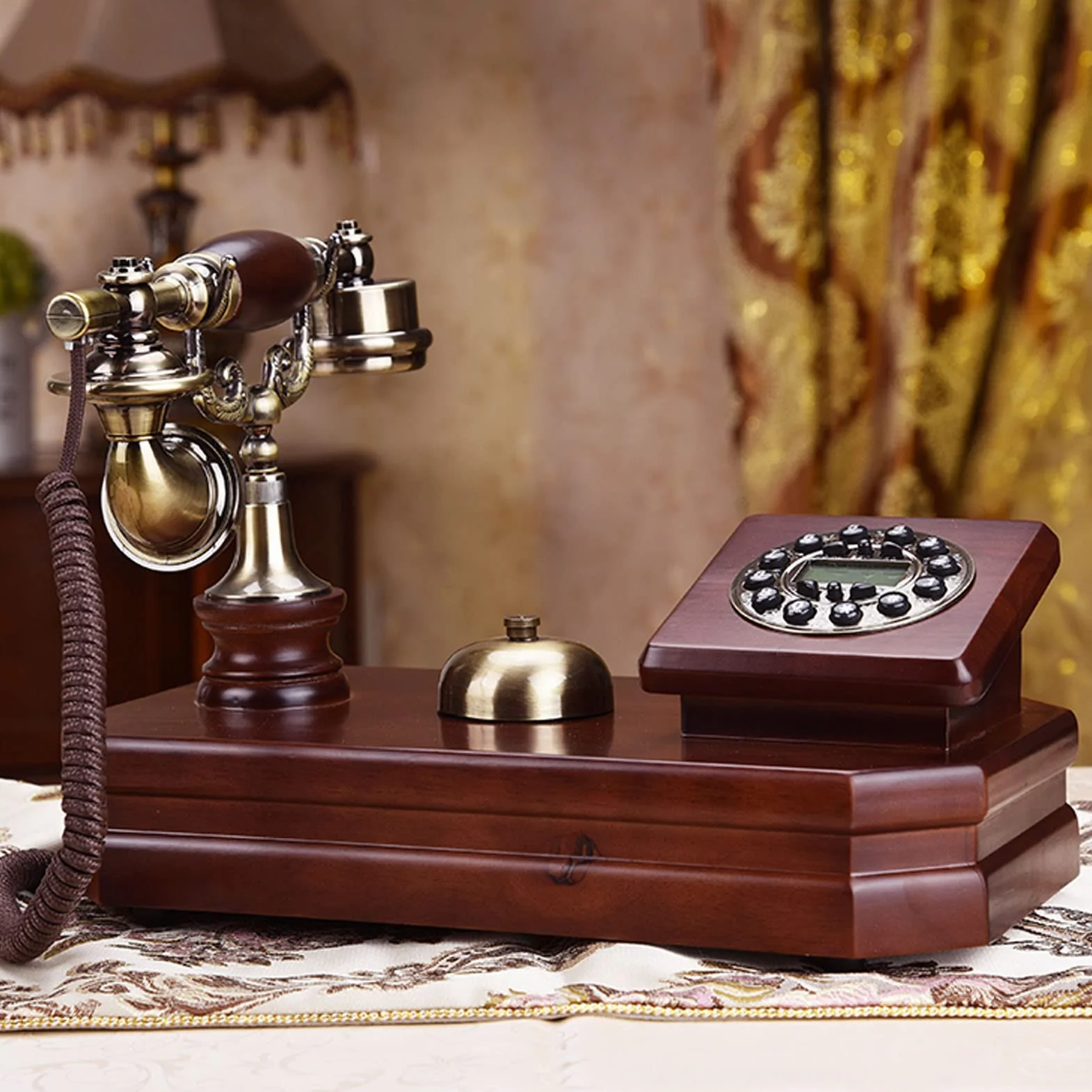 Antyczny telefon drewniany telefon vintage telefony z podświetleniem, styl vintage europejski przewodowy FSK/DTMF stacjonarny telefon stacjonarny do domu, dekoracja