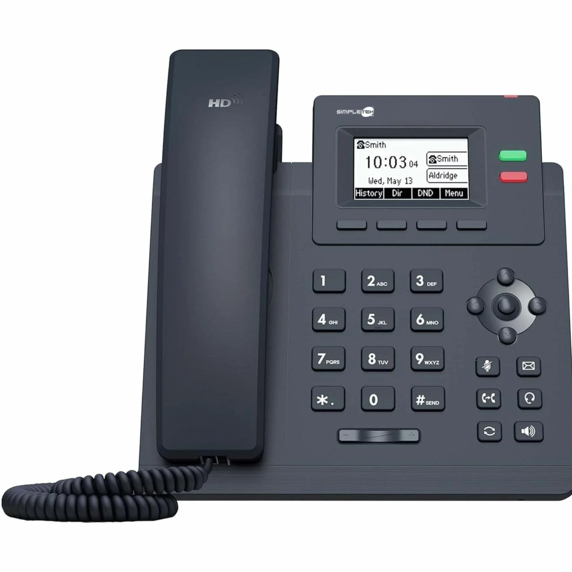 SIMPLETEK - Telefon IP VoIP, 2 konta SIP, podświetlany wyświetlacz, dźwięk HD, obsługa EHS i PoE, przełącznik Ethernet 2-portowy 10/100