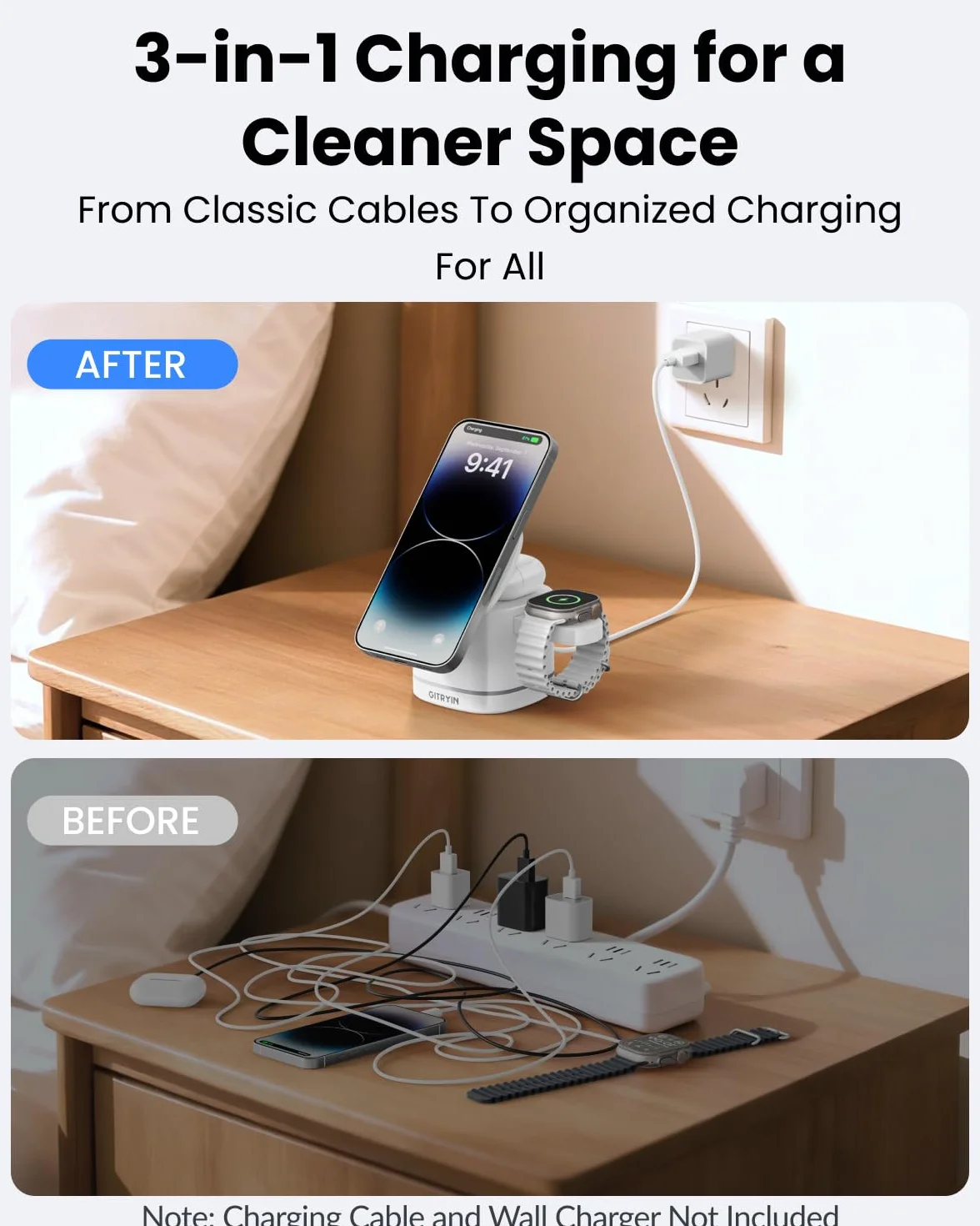Gitryin Składana bezprzewodowa stacja ładująca 3 w 1 do urządzeń Apple, szybszy magnetyczny stojak na ładowarkę nocną, akcesoria biurkowe do iPhone'a 17/16/15/14/13/12, Apple Watch, AirPods