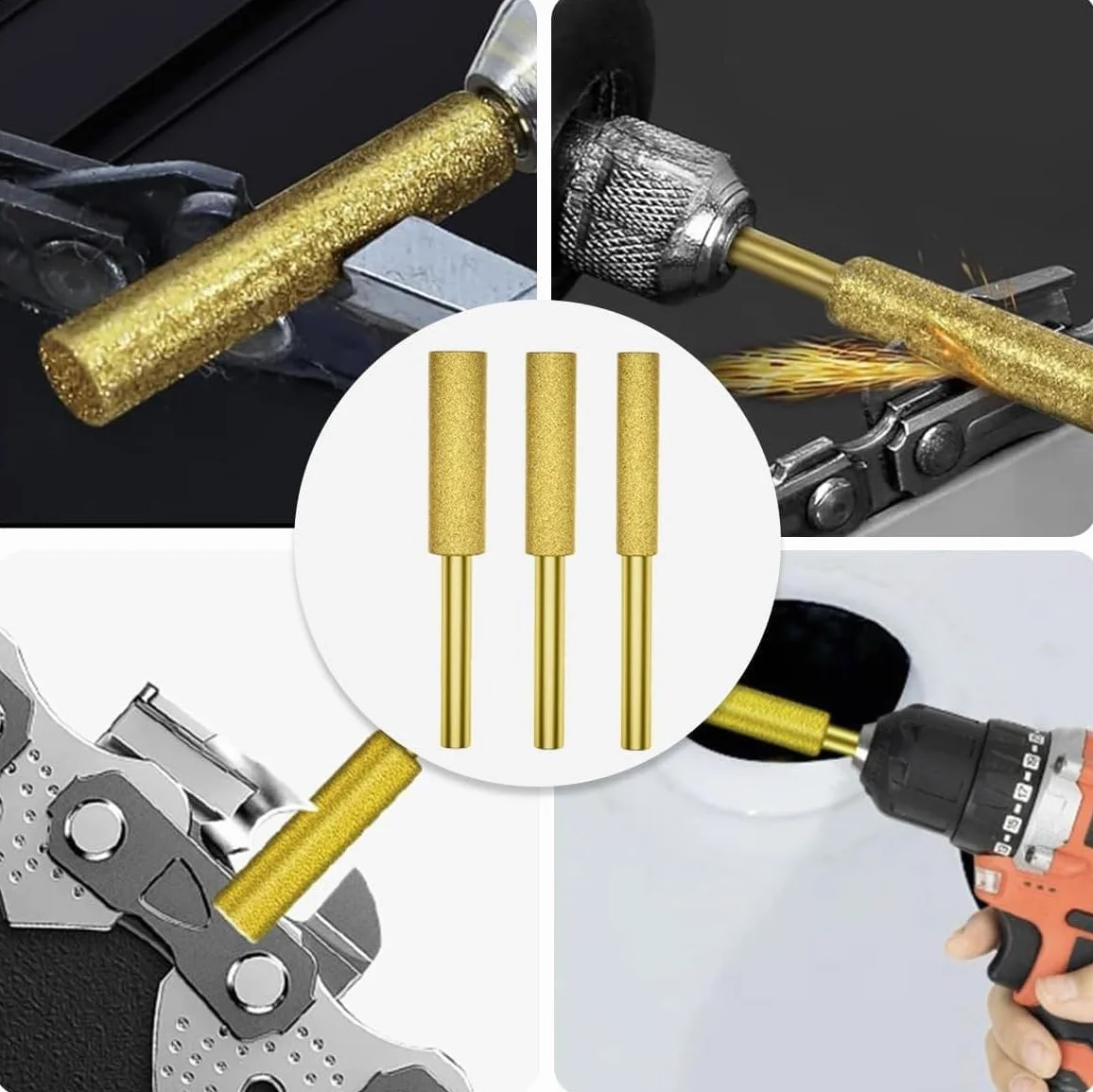 Alrens diamentowe ostrzałki do piły łańcuchowej 30 sztuk, kompatybilne z Dremel, 3 rozmiary 4 mm 4,8 mm 5,5 mm