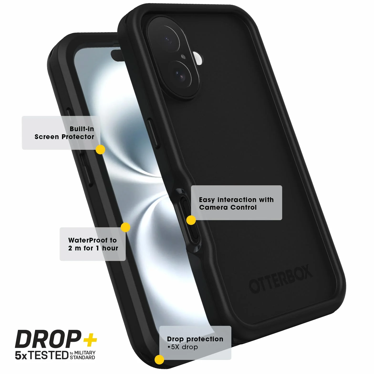 OtterBox Wodoodporne etui z serii FR do iPhone'a 16 Pro z funkcją MagSafe (zaprojektowane przez LifeProof) – czarne, wodoodporne, 60% tworzywo sztuczne z recyklingu, eleganckie i stylowe