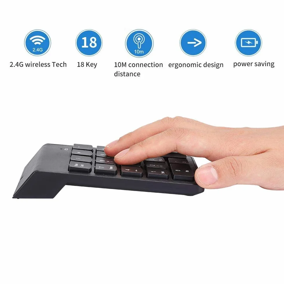 Bezprzewodowa klawiatura numeryczna Mini przenośna klawiatura cyfrowa Numpad USB 2.4GHz 18 kluczowych klawiatur księgowych na PC/Desktop(czarny)