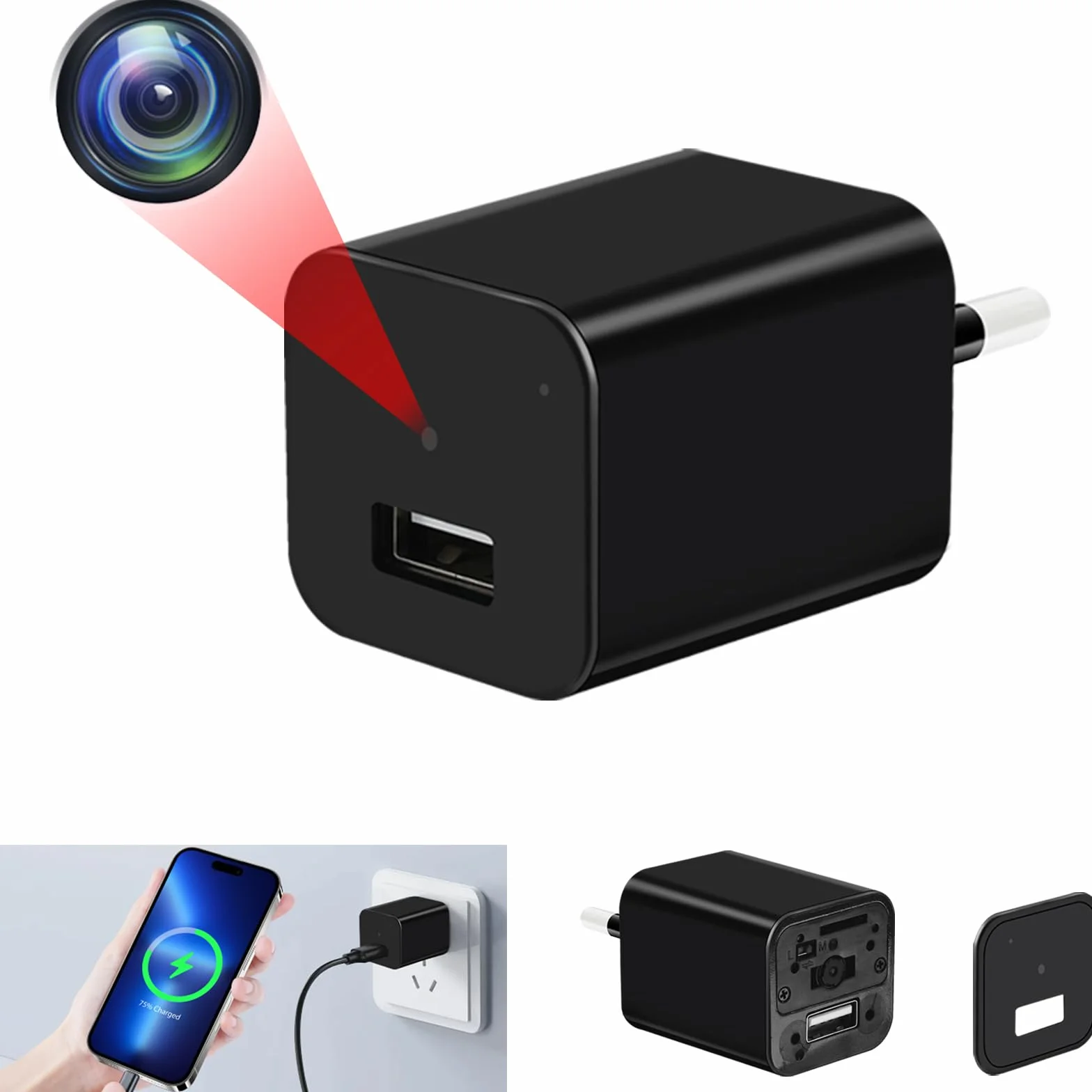 TANGMI Kamera szpiegowska, ładowarka USB / adapter mini ukryta kamera szpiegowska, nagrywanie wideo HD 1080P mikro kamera szpiegowska z wykrywaniem ruchu i nagrywaniem w pętli