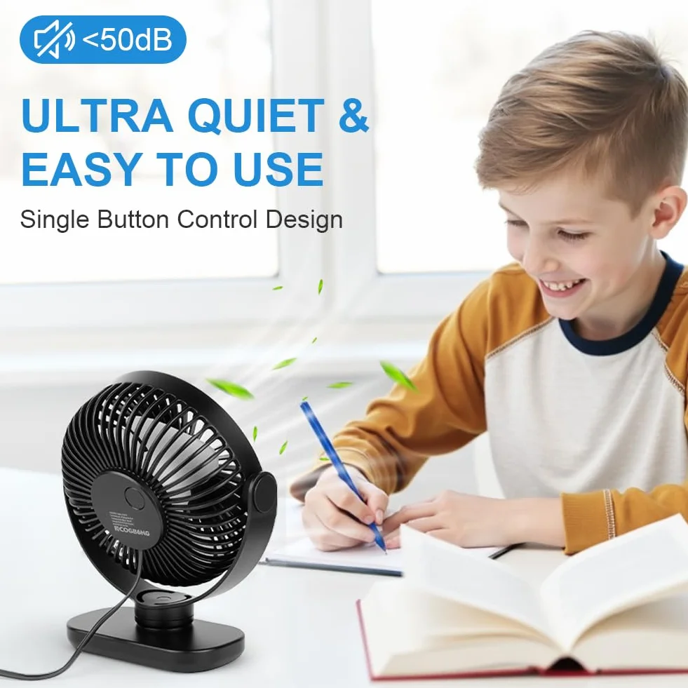 AXFEE Wentylator biurkowy USB, mały chłodzący wentylator stołowy, przenośny, cichy, 3-stopniowy wentylator, obracany o 360°, mocny mini wentylator do biura, sypialni, domu, samochodu (czarny, zasilany