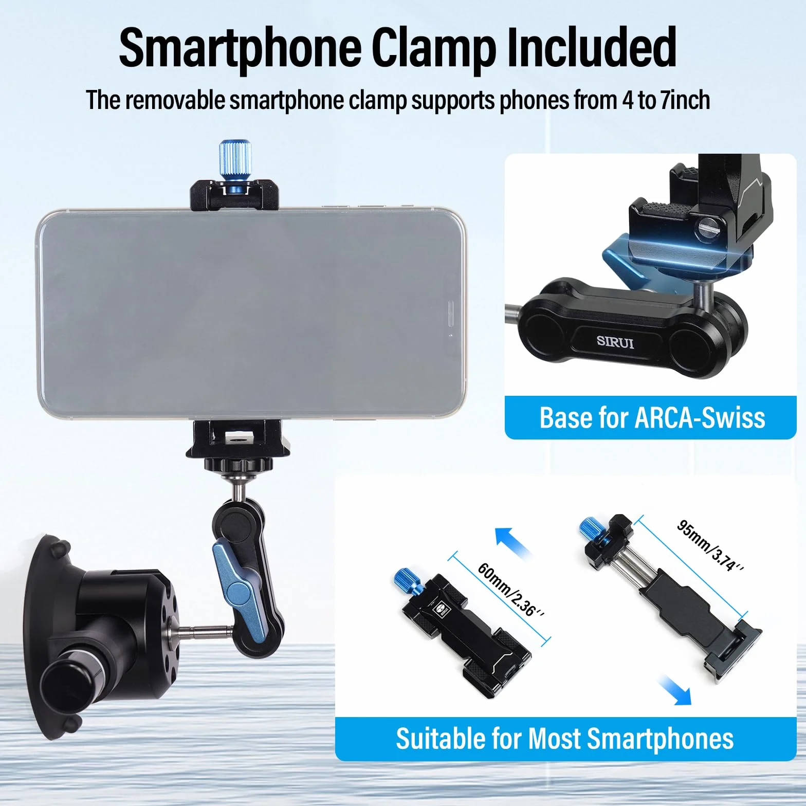 SIRUI Uchwyt na przyssawkę z Magic Arm Kit, Magnetic Suction Cup Mount do Gopro, aluminium, obracany o 360°, przednia szyba samochodowa, deska rozdzielcza do kamer sportowych