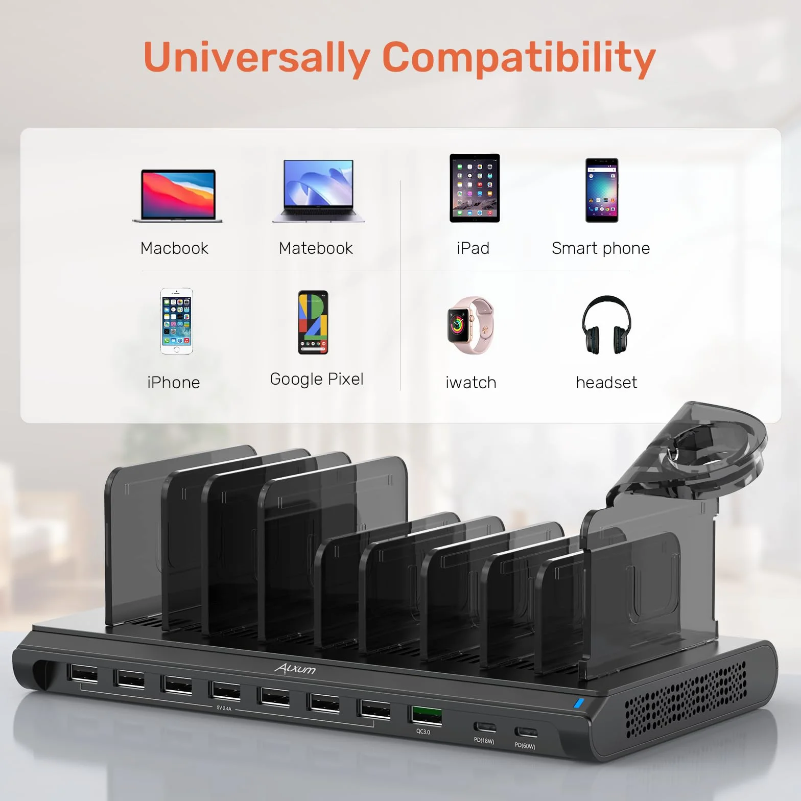 Alxum Stacja ładująca USB C z QC 3.0, 120W 10 Port Mutiple Charging Station z 60W 18W Dual PD Port dla laptopa, tabletu, telefonu, Pixel, i więcej
