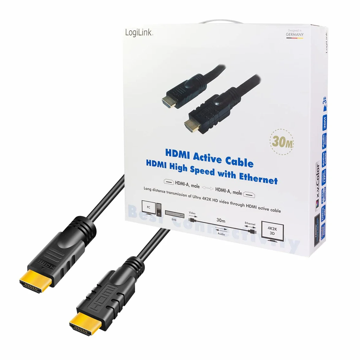 LogiLink CHA0030 aktywny HDMI High Speed z kablem przyłączeniowym Ethernet dla jakości Ultra HD na telewizorze (4K x 2K) długość: 30m czarny