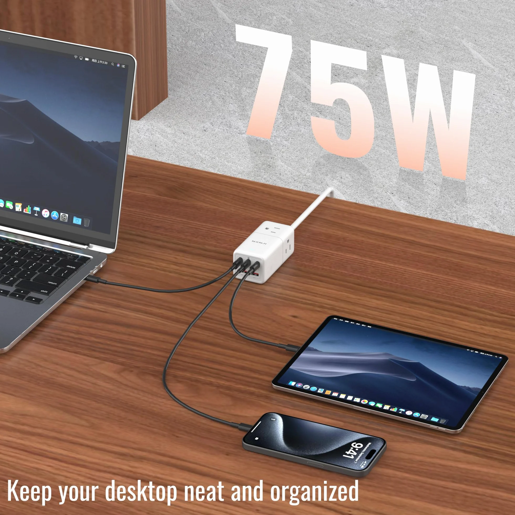NENJI Super szybka stacja ładująca GaN USB-C 75 W, listwa zasilająca 8 w 1 z 5 portami USB i 3 gniazdami AC, inteligentne ładowanie, szybka ładowarka PD do iPhone'a, Samsunga, iPada, MacBooka
