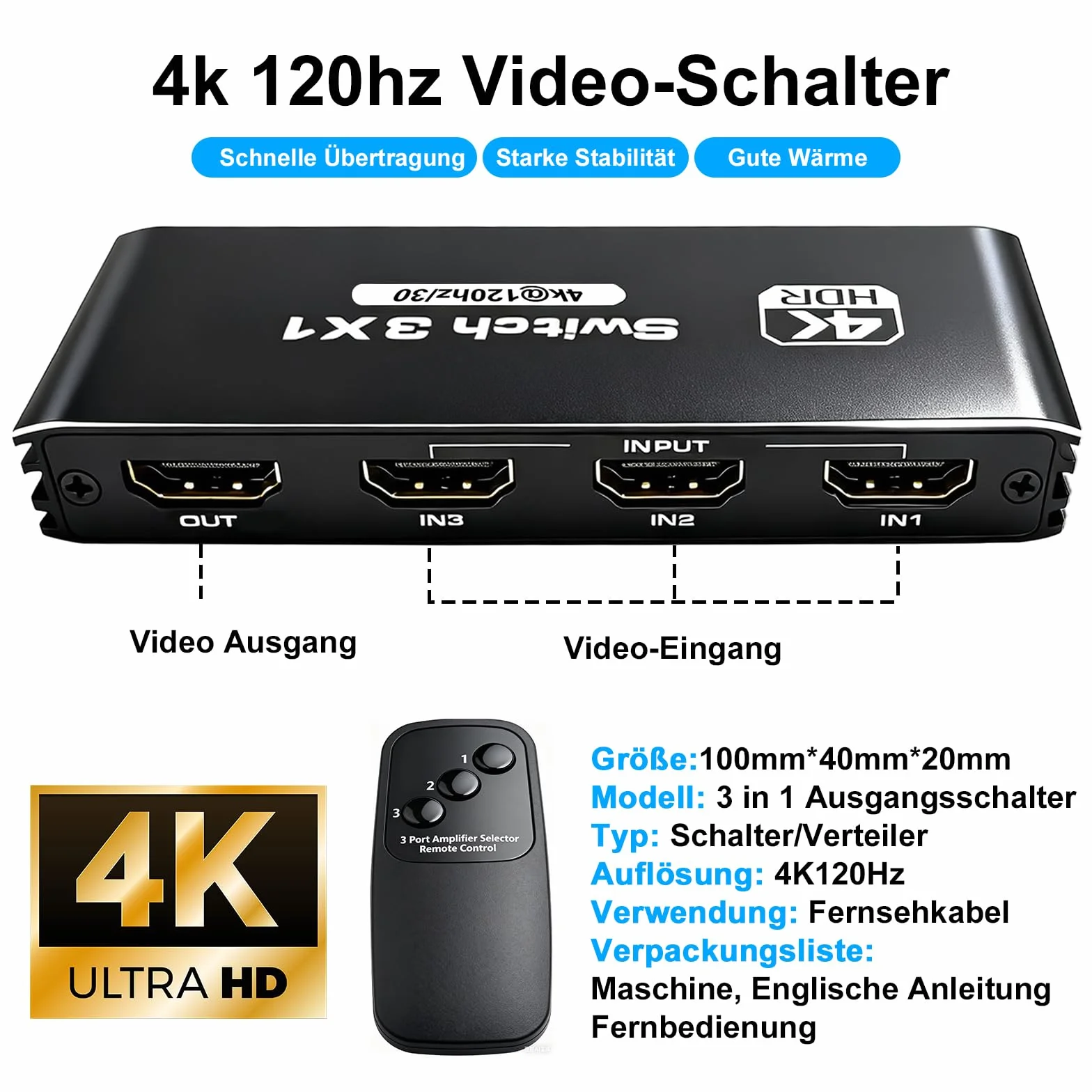 Przełącznik HDMI 3 w 1 Out 4K 120 Hz 8K 30 Hz HDR10+ CEC HDCP2.3 z pilotem zdalnego sterowania do PS5/PS4/Xbox/Switch