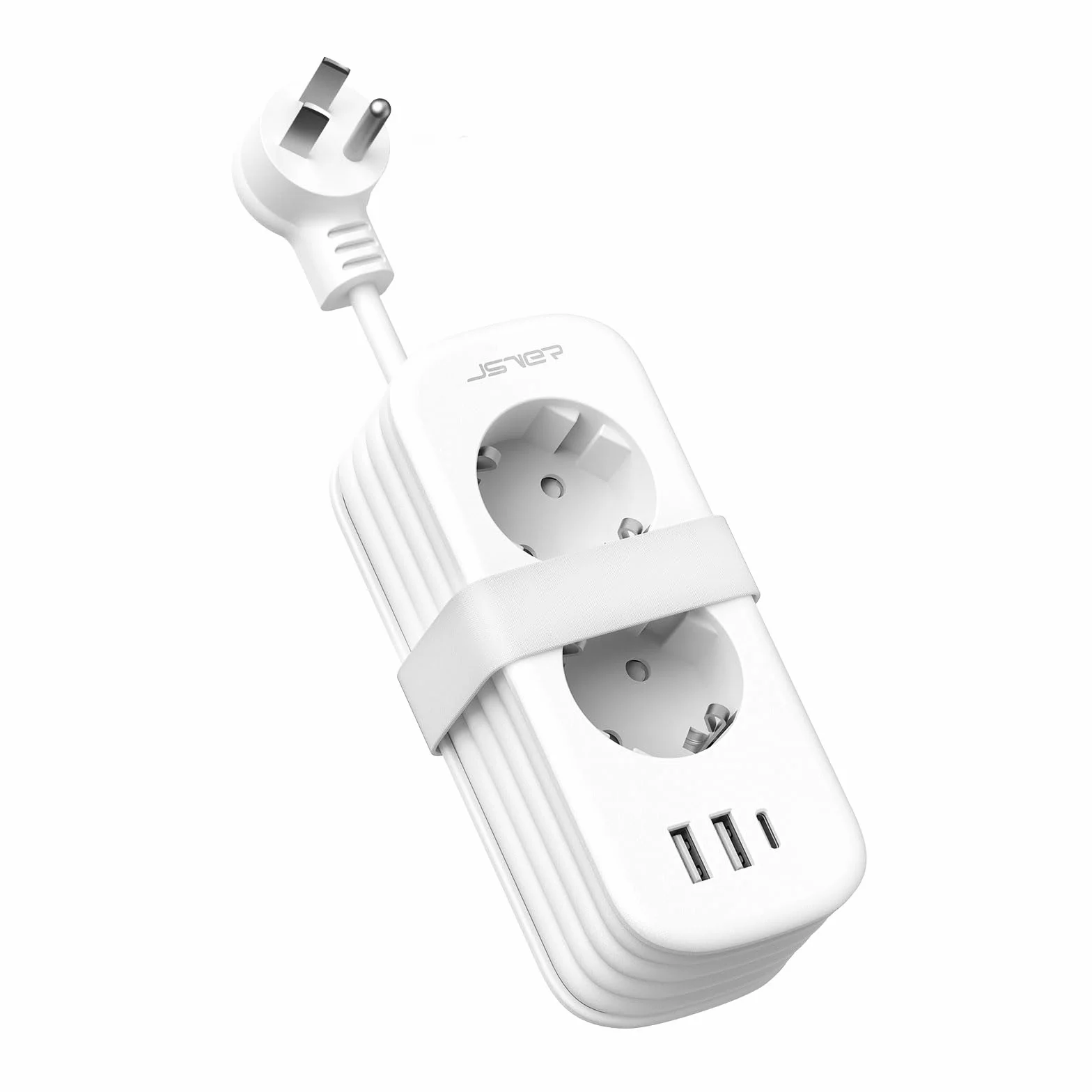 JSVER Travel Plug Adapter USA, Wiele Gniazd z 1 USB C i 2 USB A, 5 w 1 z Chowanym Przedłużaczem, Typ B dla Kanady, Ameryki, Meksyku, Tajlandii, Dominikany-1,5 m (Biały)