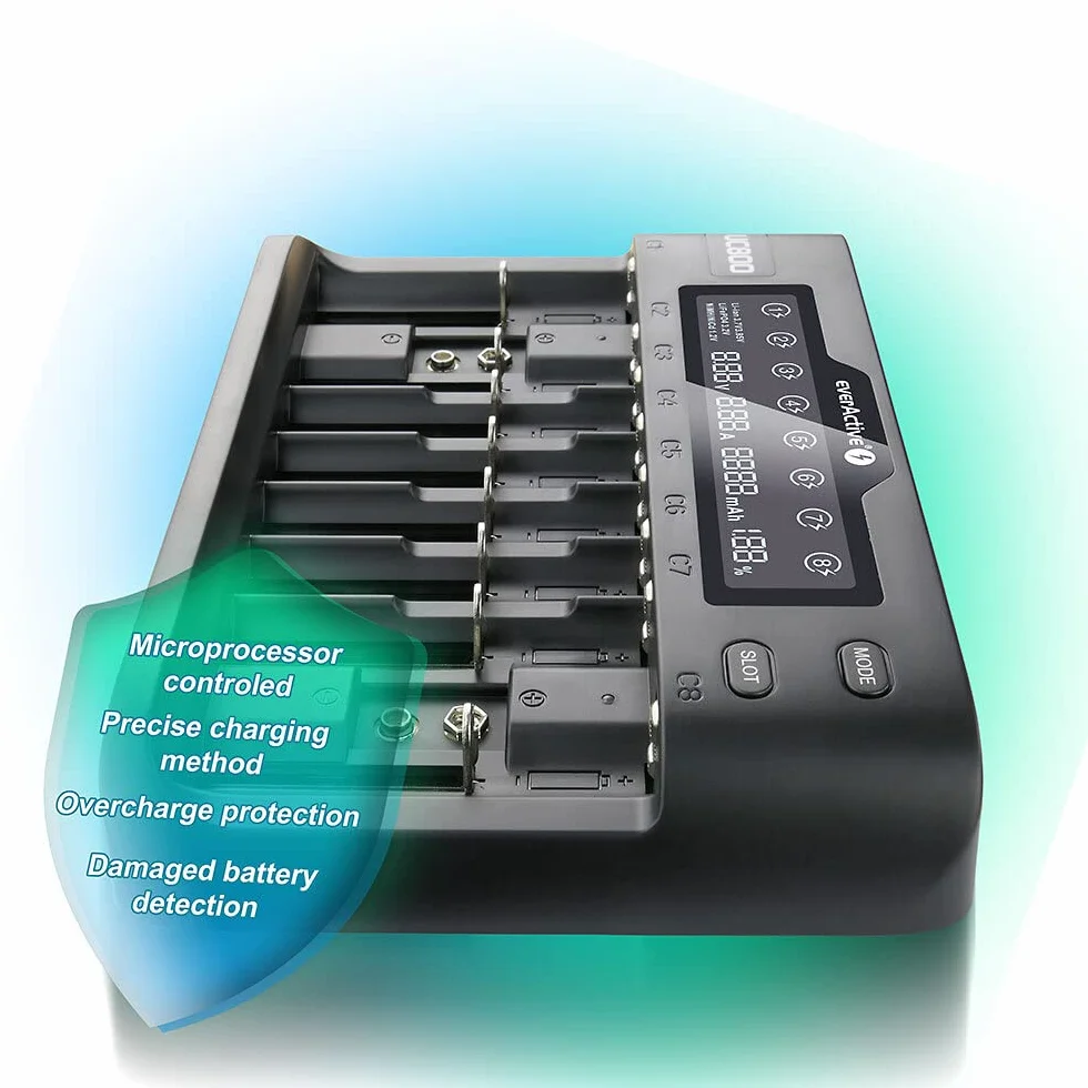 everActive Ładowarka do 10 akumulatorów litowo-jonowych i Ni-MH, Li-HV i Li-FePO4 profesjonalna, szybka i uniwersalna, wyświetlacz LCD, test pojemności, model: UC800
