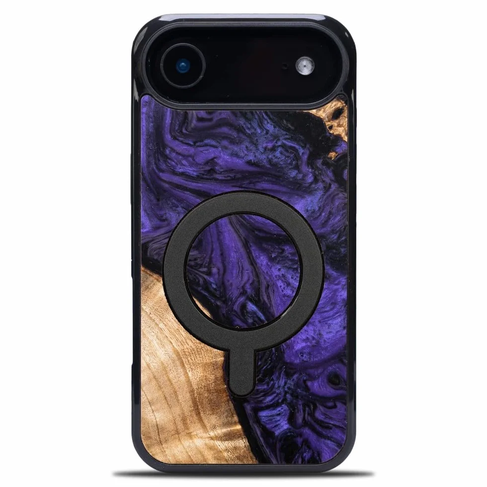 Unikalne etui kompatybilne z iPhone 17 Air – unikat w kolorze fioletowym i drewnianym – ręcznie wykonane etui ochronne ze szlachetnego drewna i żywicy kompatybilne z MagSafe, Made in Poland