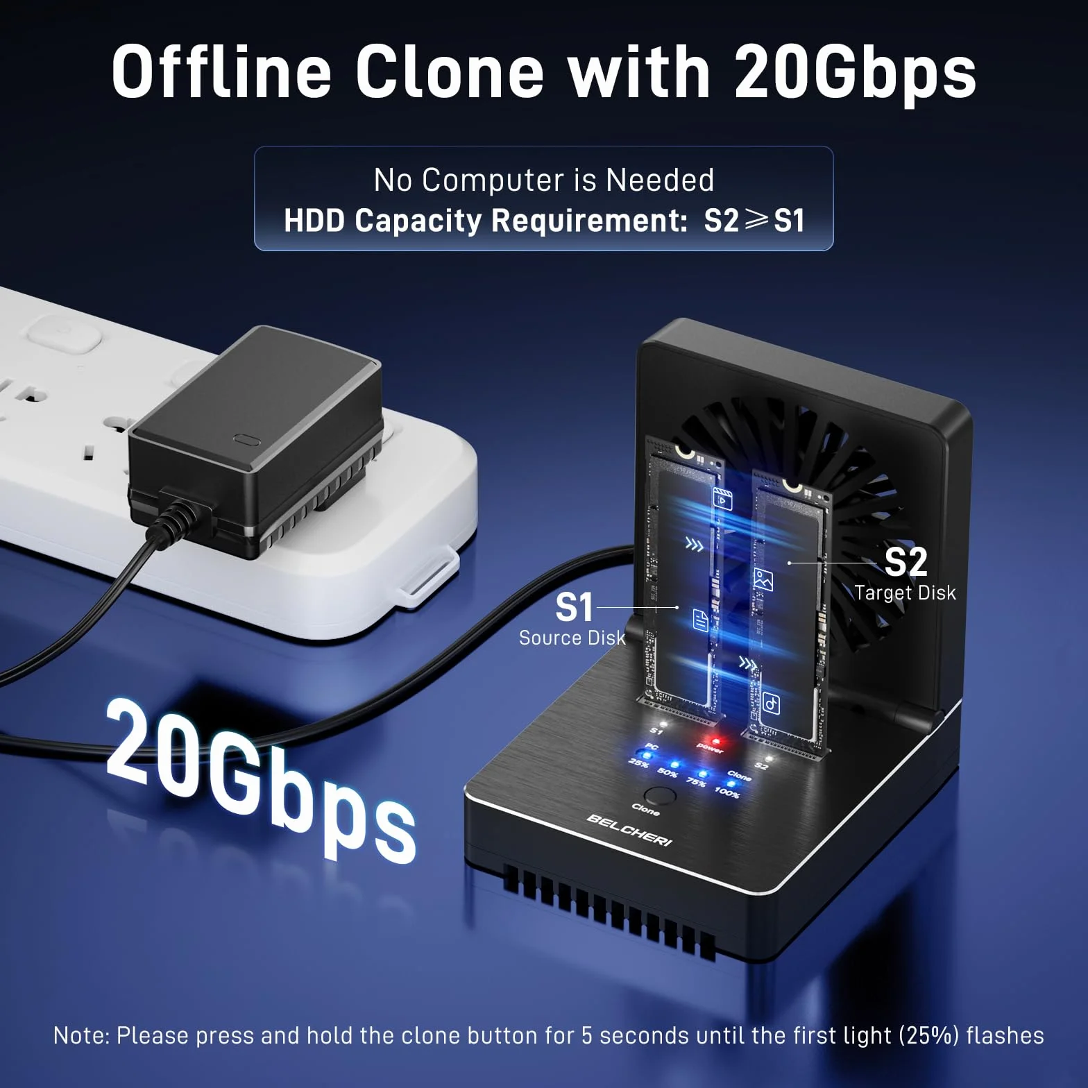 M.2 NVMe SATA SSD Cloner Dock, USB 3.2 Gen 2 20 Gbit/s, ze składanym wentylatorem chłodzącym, obsługuje klonowanie offline, UASP i Trim, aluminiowa konstrukcja