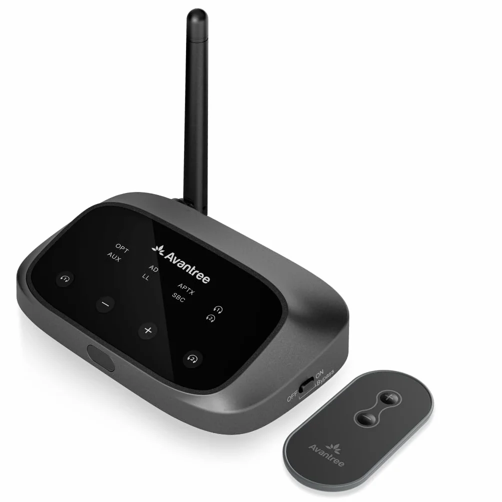 Avantree Oasis Plus 2 – transmiter Bluetooth do TV z pilotem do regulacji głośności, obsługa dwóch słuchawek, aptX Adaptive, passthrough soundbara, do TV z wyjściem optycznym lub AUX