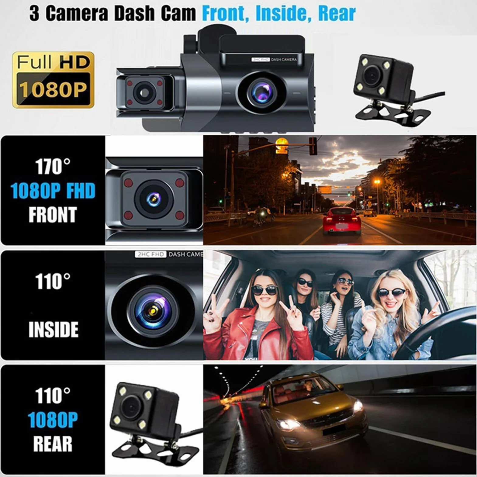 docooler Dash Cam z potrójną kamerą 1080P HD DVR samochodowa kamera bezpieczeństwa ultra-szeroki kąt 170° nagrywanie w pętli nagrywania w nocy
