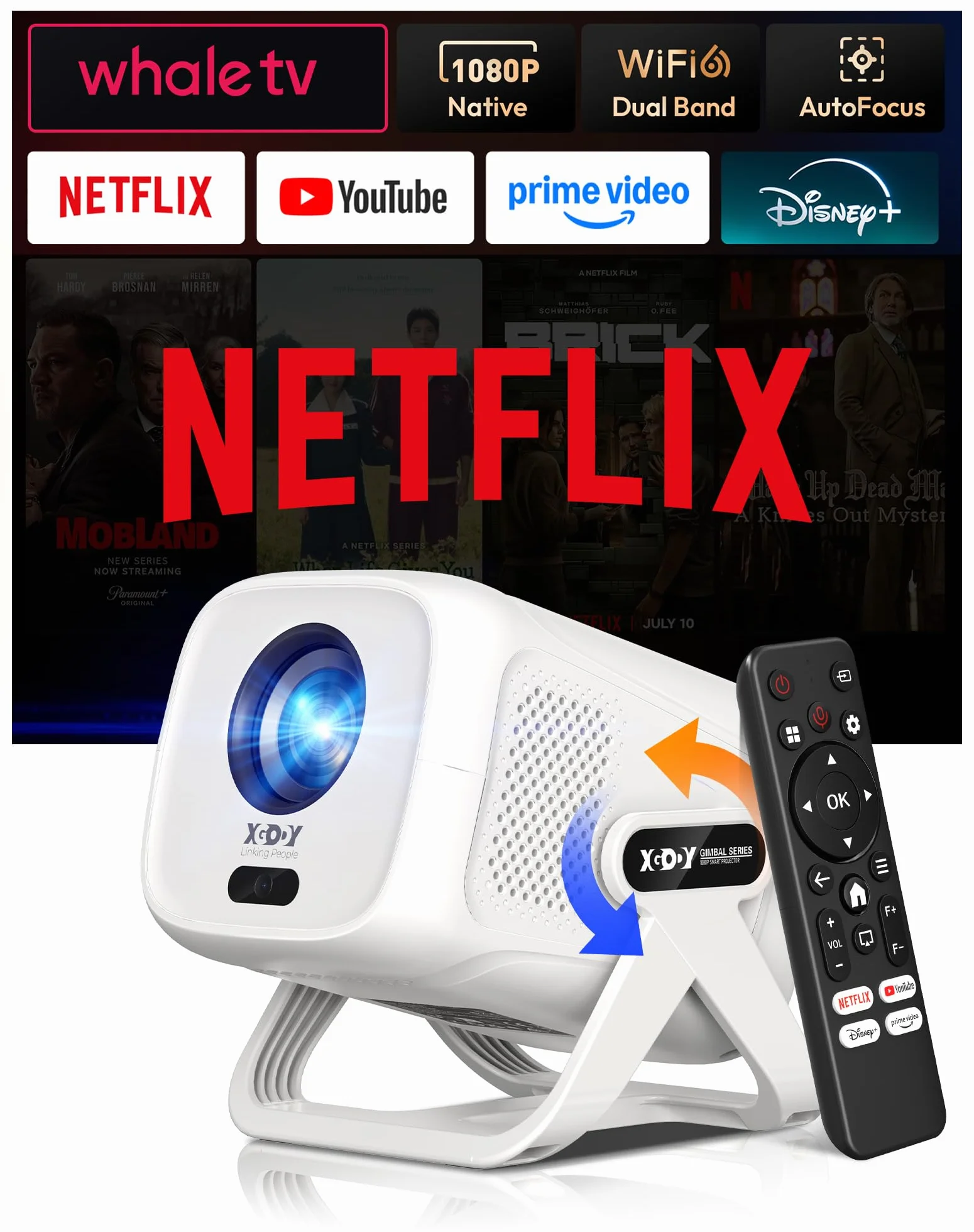 XGODY Certyfikowany Netflix i elektryczne ustawianie ostrości: projektor Gimbal N5 1080P, mini projektor z WiFi i Bluetooth, przenośny projektor z uchwytem obrotowym 230°, automatyczna korekcja
