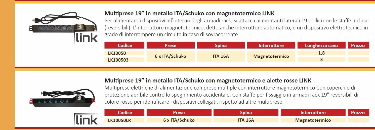 LINK Marka bezpieczeństwa i ochrony MULTIPRESA MODEL ALIMENTAZIONE NA RACK 19 Z 6 REPEE UNIVERSALI TRIPOLARI/SCHUKO MAGNETOTERMICZNY Z personelem ROSSO