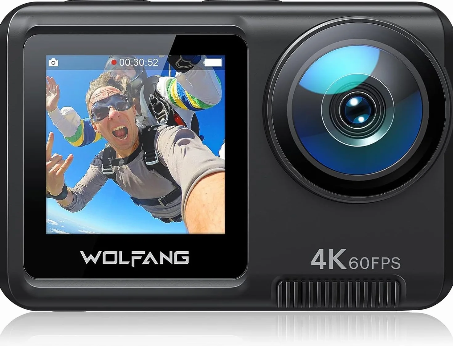 WOLFANG GA420 Kamera akcji 4K 60FPS 20MP Kamera podwodna WiFi 40M Wodoodporny stabilizator obrazu EIS Dwuekranowa kamera na kask (zewnętrzny mikrofon, pilot, 2x1350mAh baterie i zestaw akcesoriów)