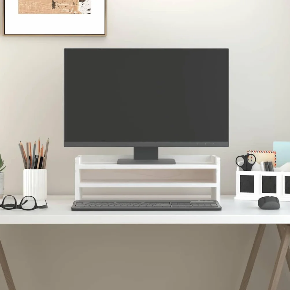 Générique Stojak na monitor z litego drewna sosnowego biały 50 x 24 x 16 cm, minimalistyczny design z miejscem do przechowywania klawiatury, laptopa i akcesoriów, stabilna rama