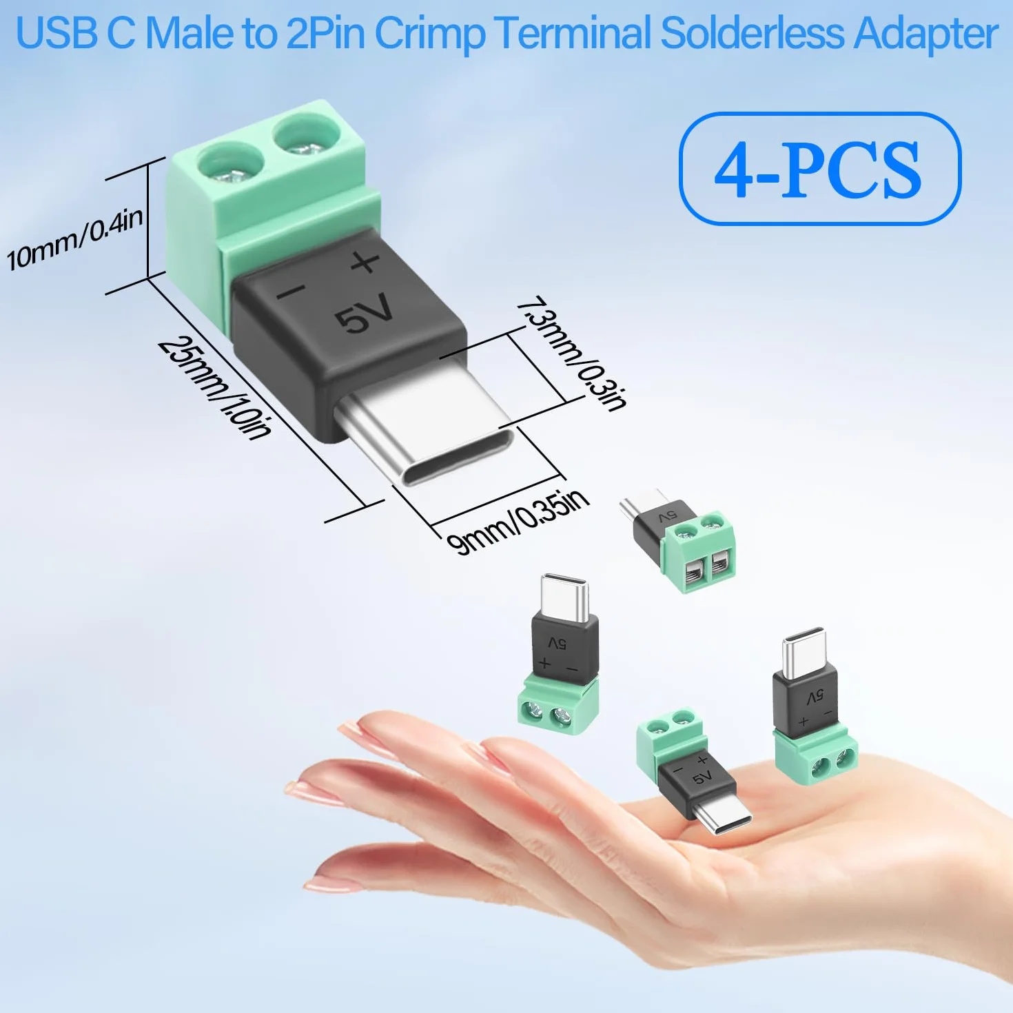 QIANRENON Adapter USB C, 2 piny, bezlutowna wtyczka na złącze zaciskowe, ładowanie 5 V 1,5 A, bez transferu danych, 4 sztuki w opakowaniu