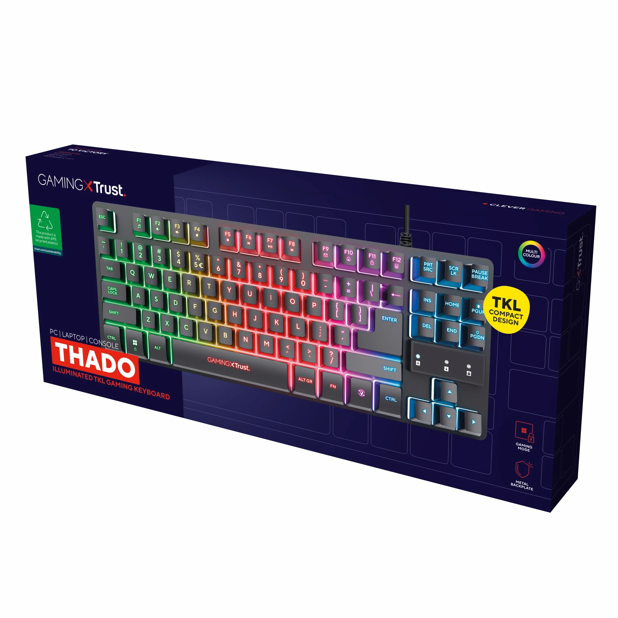 Trust Gaming Gamer TKL GXT 833 Thado podświetlenie klawiatury RGB bez tenkeylu (20% mniejszy), membrana, hiszpański układ QWERTY, anty-ghosting, USB, z kablem, PC/PC