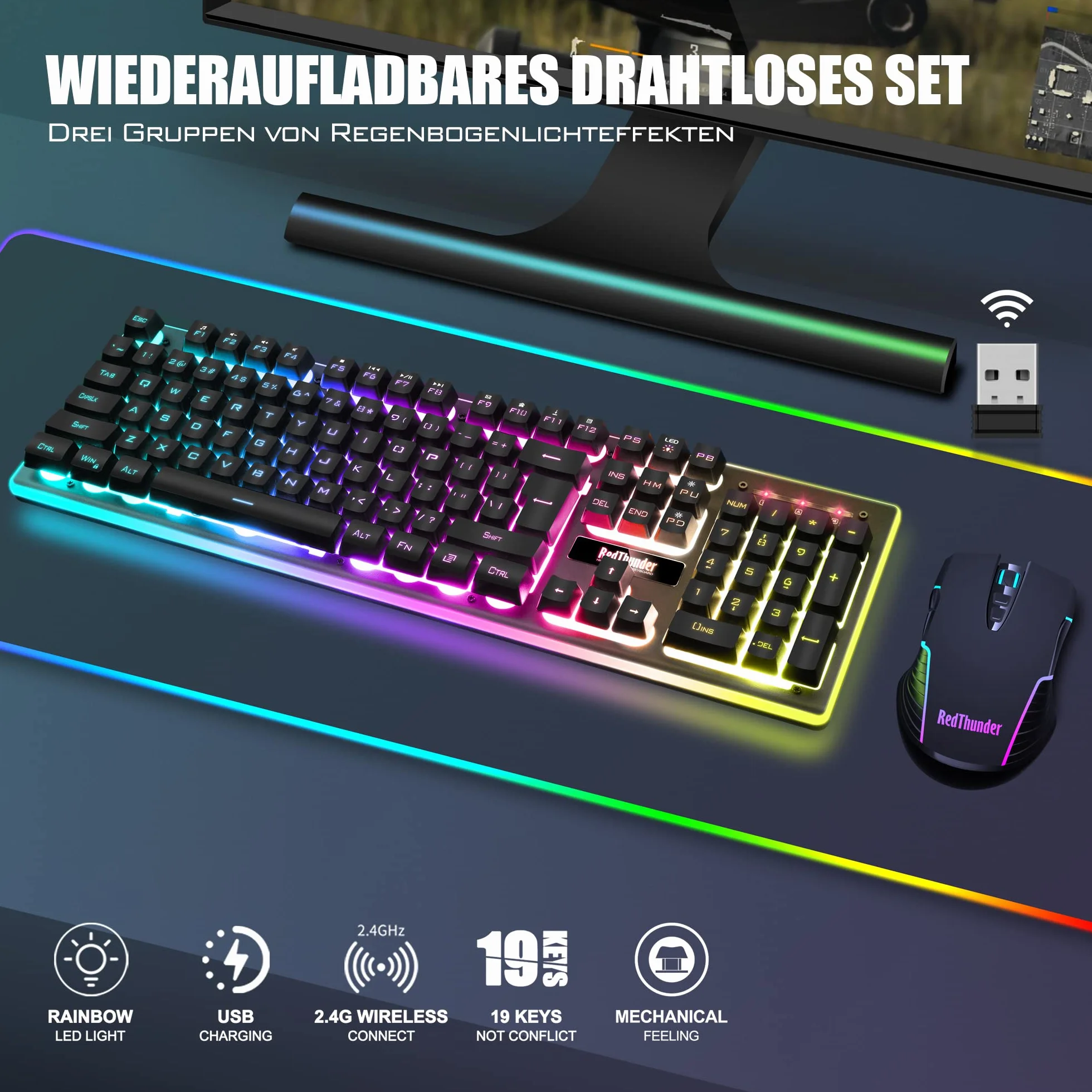 RedThunder K10 Zestaw bezprzewodowej klawiatury i myszy do gier, układ QWERTZ DE, bezprzewodowa klawiatura o pojemności baterii 3000 mA i mysz do gier 3200 DPI dla graczy (czarna)
