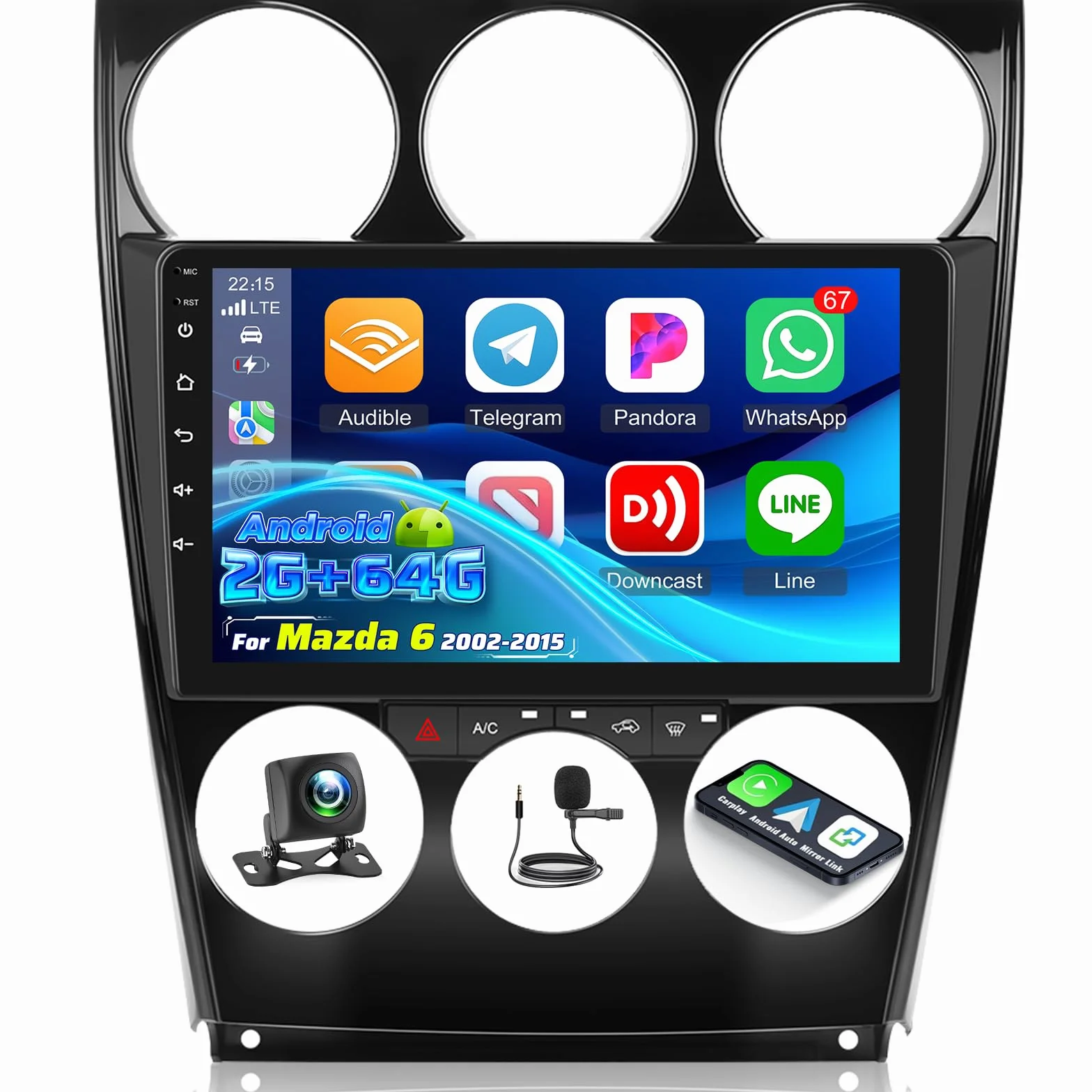 NHOPEEW 2+64G 9-calowe radio z Androidem do Mazdy 6 2002-2015 - bezprzewodowe CarPlay i Android Auto nawigacja GPS, sterowanie kierownicą, FM RDS, dzielony ekran + kamera cofania