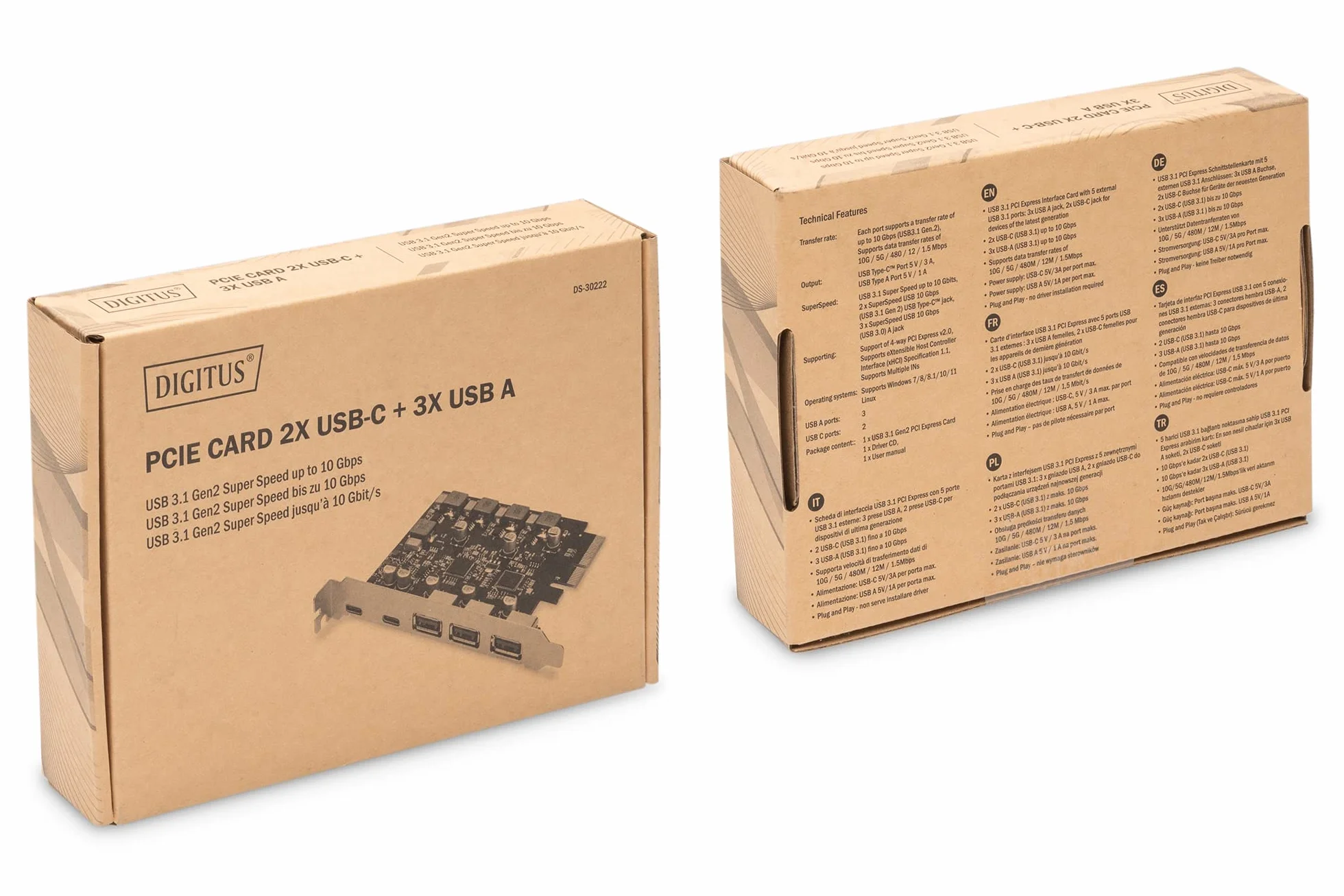 DIGITUS Karta IO - PCIe - 2x USB-C, 3x USB A - karta interfejsu USB 3.1 Gen 2 - do 10 Gbps - Plug & Play