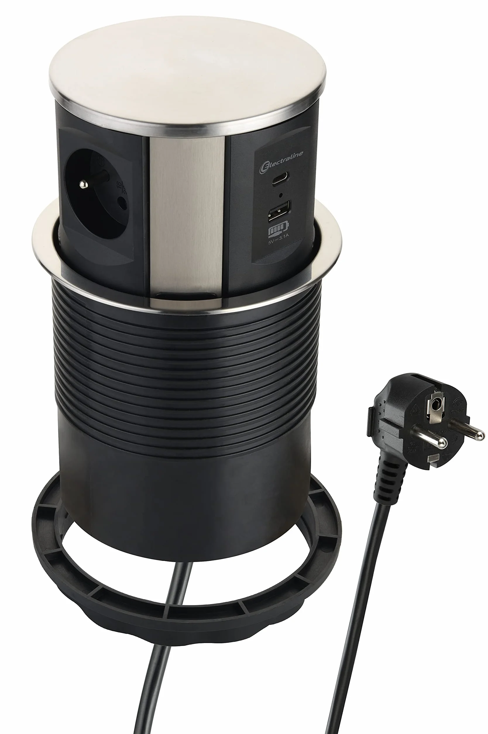 Electraline 35446 Listwa zasilająca chowana do blatu z 3 gniazdami w standardzie francuskim 16A + 2 USB 3.1A (1 USB typ A + 1 USB typ C) 15,5W, Wbudowane gniazdo do kuchni, Średnica 120mm, 2M