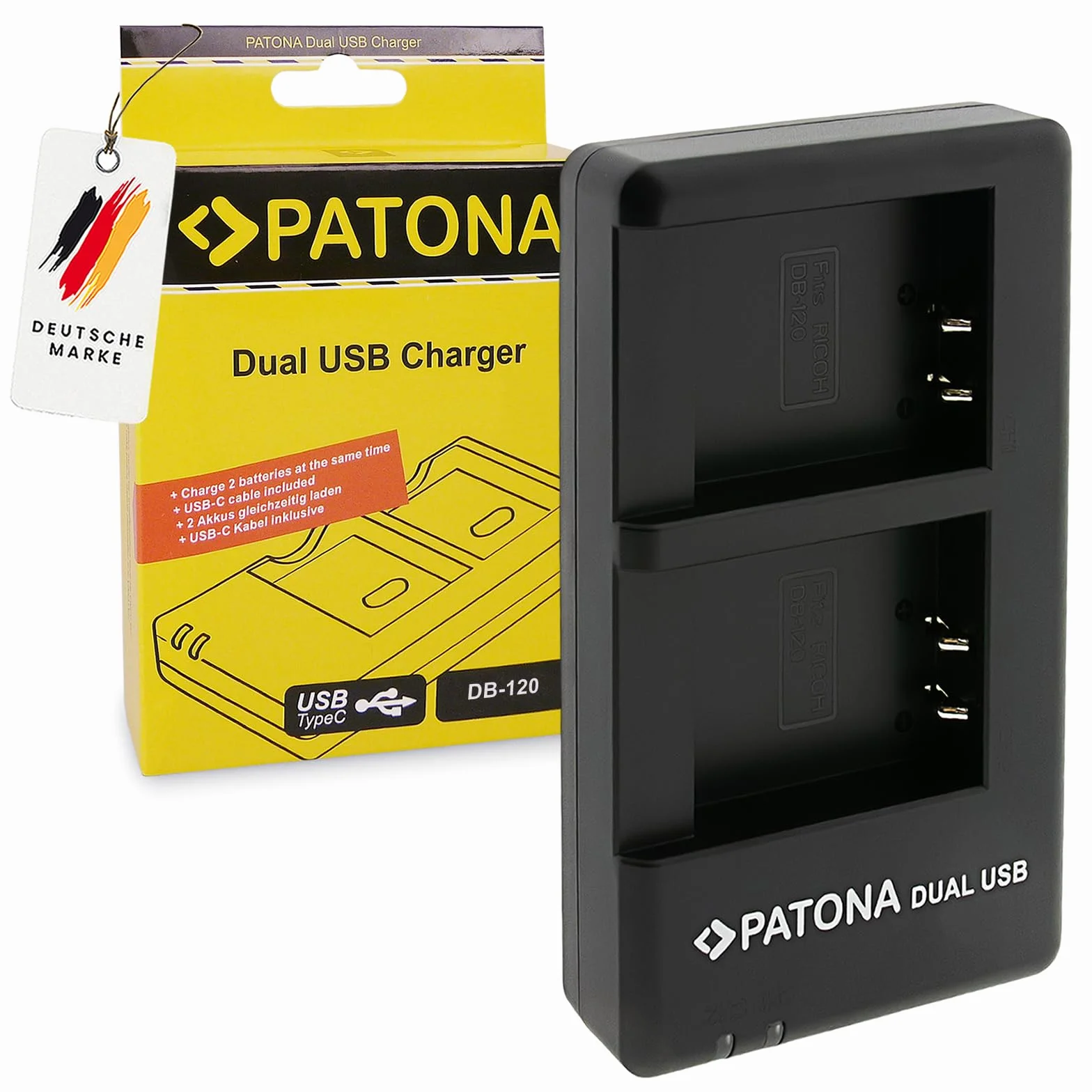 PATONA Podwójna ładowarka do baterii DB-120, kompatybilna z Ricoh GR IV, USB-C 5V/2,1A, 4,4V, 750mA x2, ładowanie 2 baterie jednocześnie, z zabezpieczeniem przed przeładowaniem i przegrzaniem, kabel