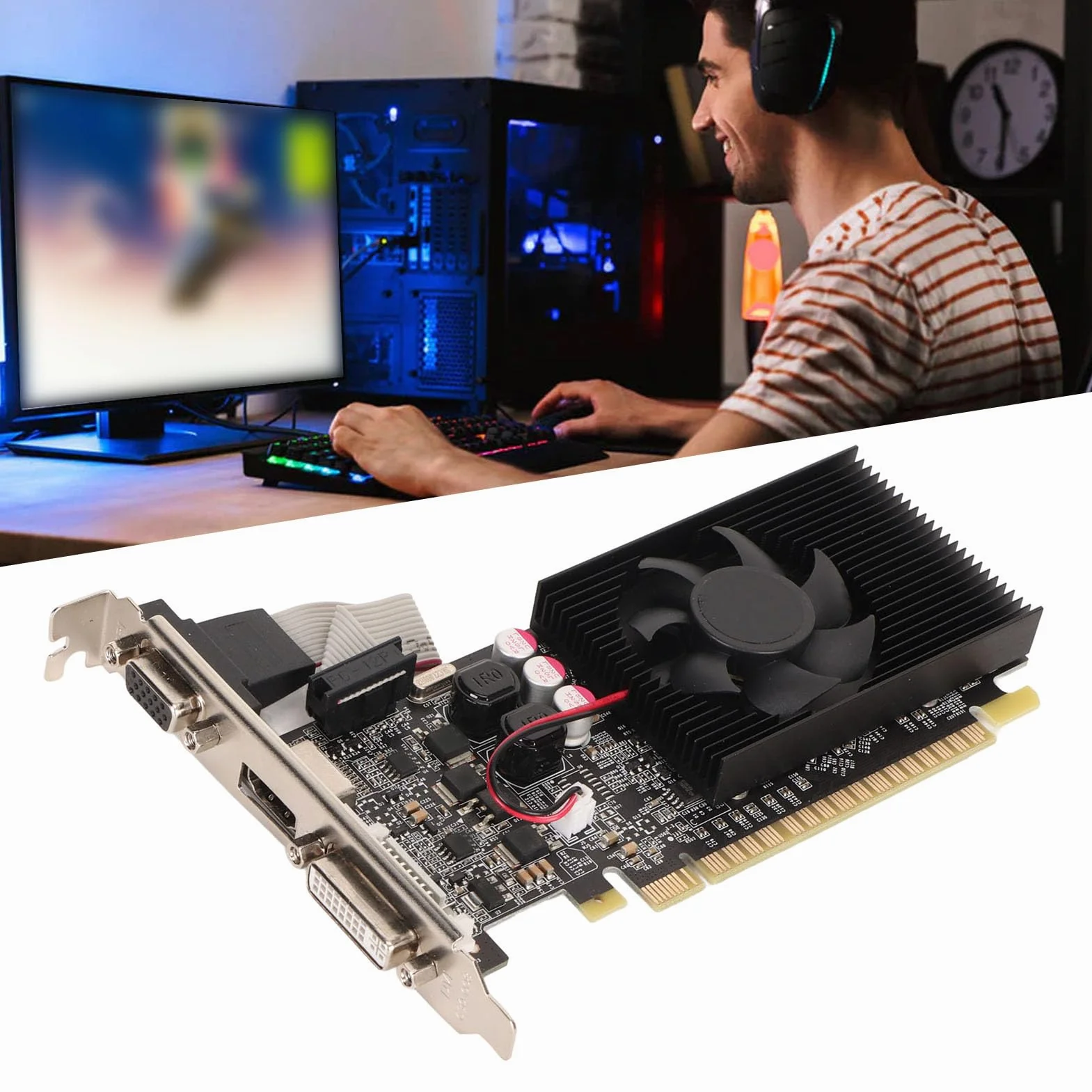 Karta Graficzna GT730 2 GB GDDR3 64-bitowa z Wentylatorem Chłodzącym, Obsługa Interfejsu Multimedialnego DVI I VGA HD, Karta Graficzna do Gier dla DirectX 11,10, Vista, 7, 8
