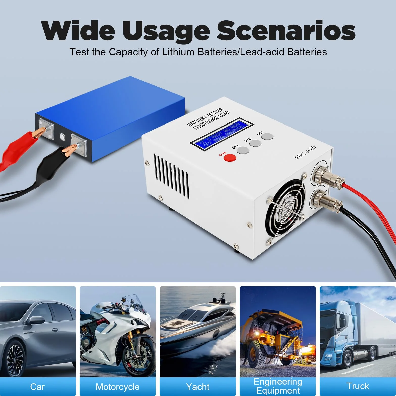 Tester pojemności akumulatora litowo-jonowego 20A analizator baterii elektronicznej 0-30 V 85 W, kontroler ładowarki EBC-A20, tester baterii litowo-jonowych LCD USB, sprzęt do testowania samochodów